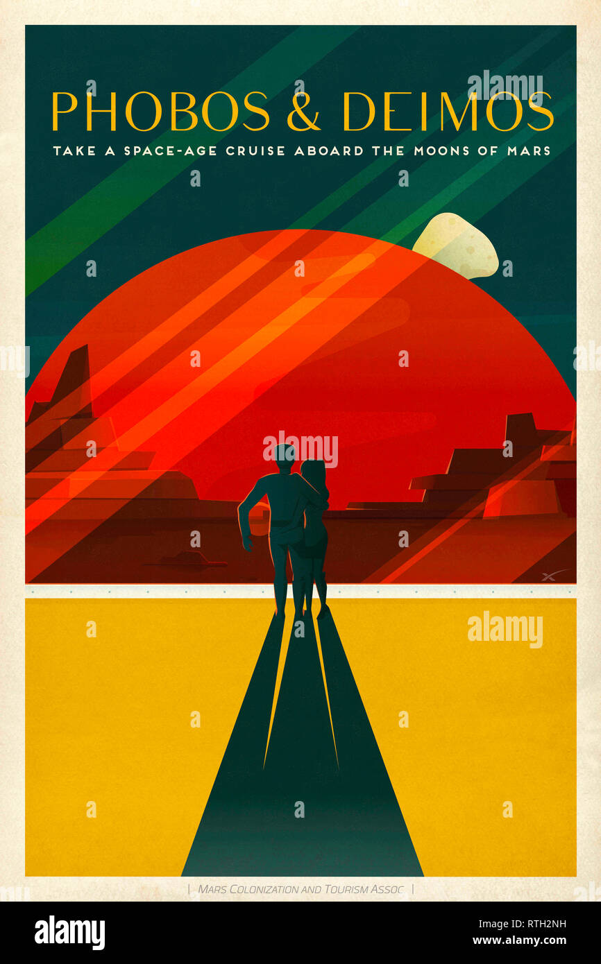 Phobos et Deimos, personnage de Mars vintage travel poster commandé par l'espace X, 2015 Banque D'Images Phobos et Deimos, personnage de Mars vintage travel poster commandé par l'espace X, 2015 Banque D'Images