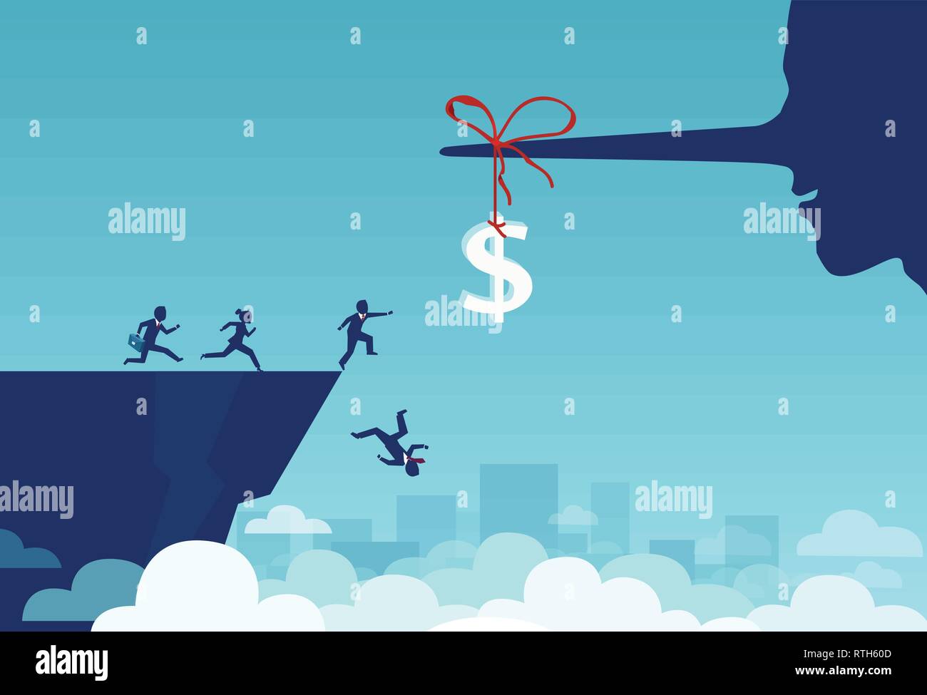 Notion d'argent dans les affaires d'incitation piège. Vecteur de groupe de gens d'affaires courir vers le signe dollar liée à un menteur long nez et tomber Illustration de Vecteur