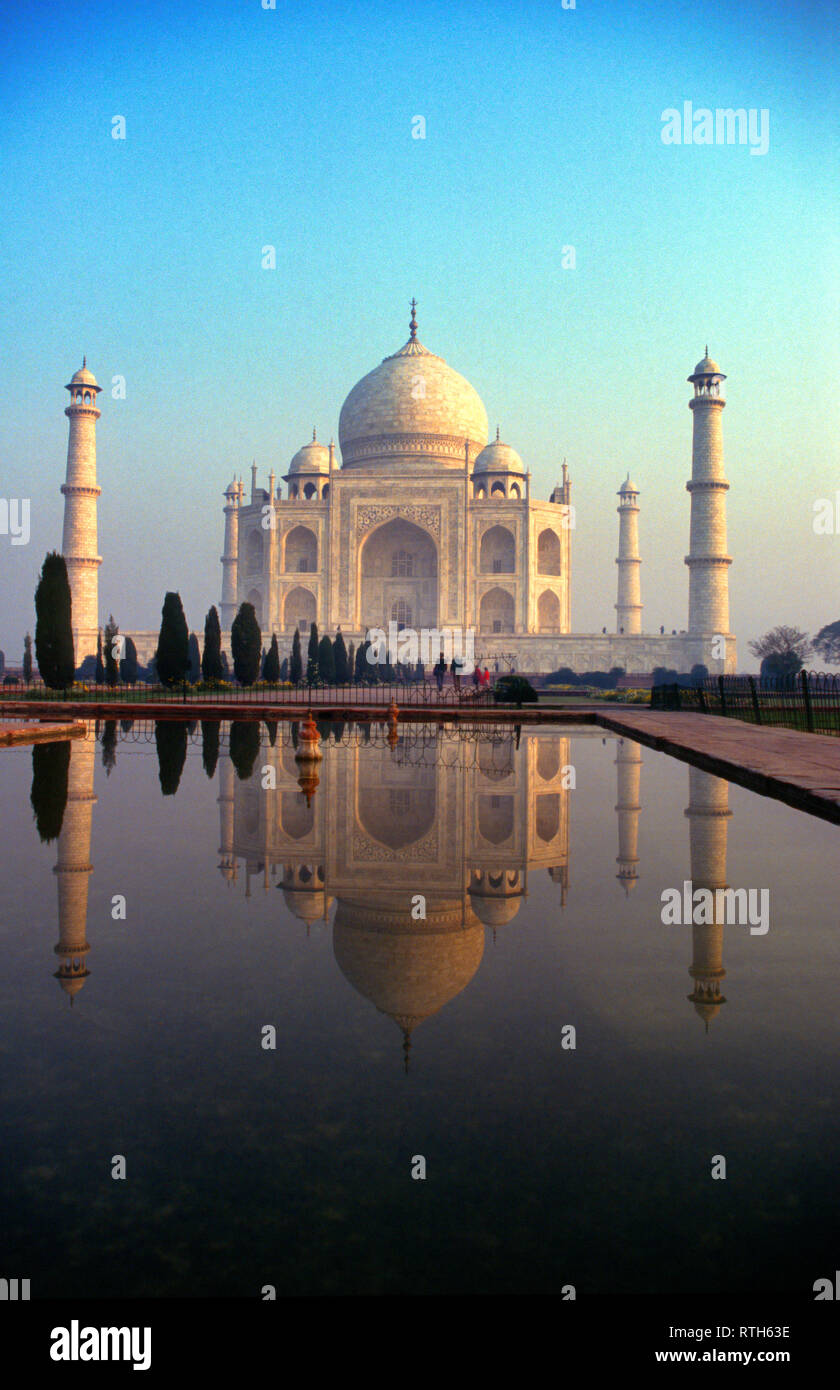Au début, les jardins désertés, matin, printemps, les étangs, les piscines, la réflexion, le Taj Mahal, au lever du soleil, sur la rivière Yamuna, Jamuna, Agra, Inde, Banque D'Images