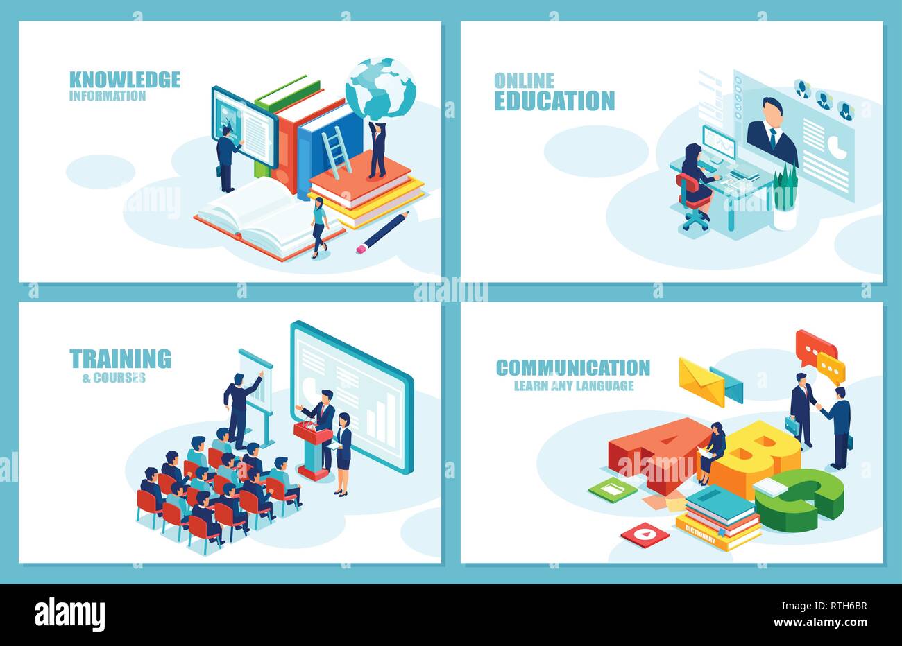 L'enseignement à distance, de la formation, des cours de langue concept. Vecteur moderne pour le développement de site web. Définir des modèles de page web Illustration de Vecteur