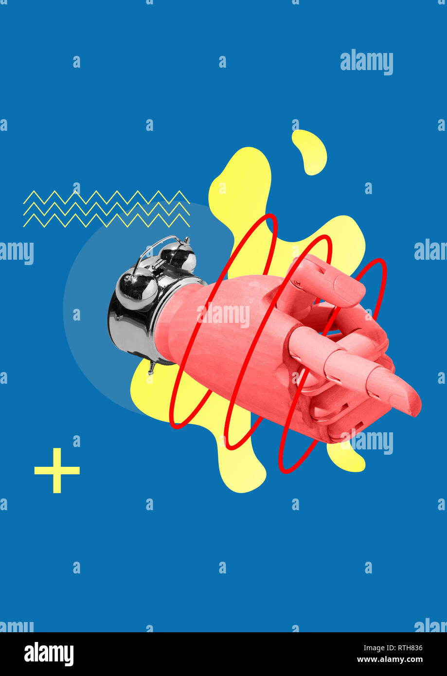 Les concepts de temps et de planification. Réveil et du doigt. Date limite concept. Moderne contemporain art collage Banque D'Images