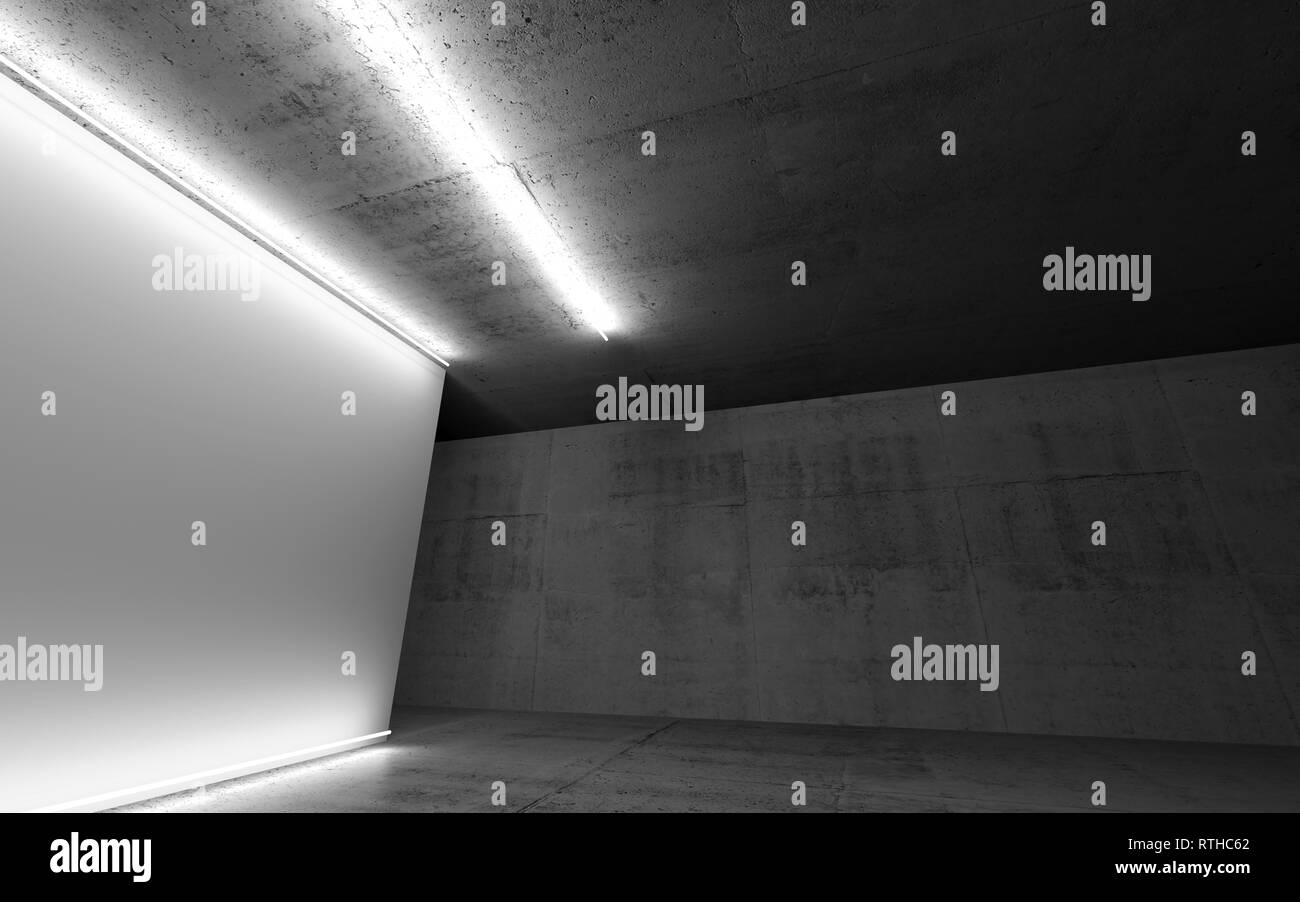 Résumé fond intérieur en béton, vide bannière blanche avec néon lignes de lumière, de rendu 3d illustration Banque D'Images