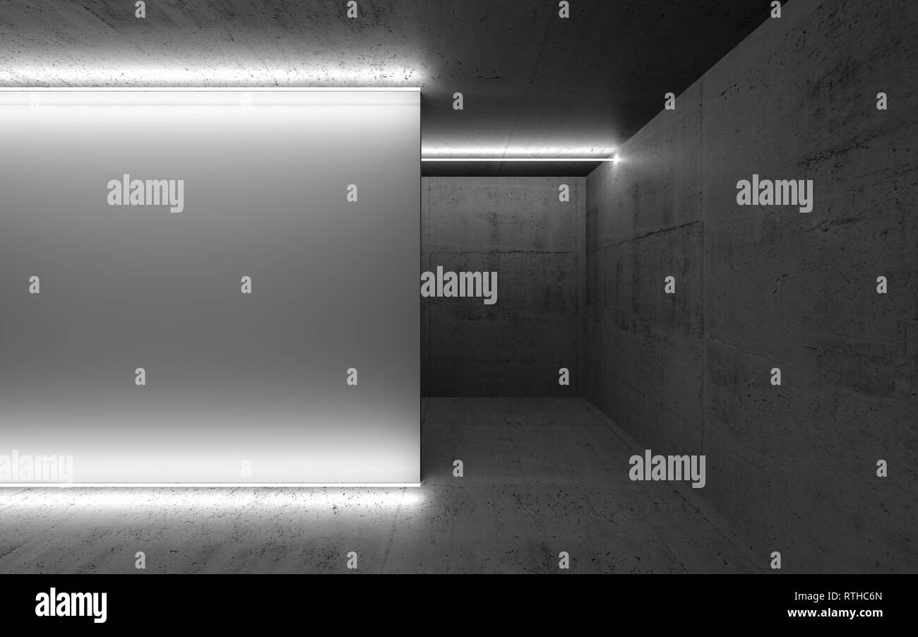 Résumé de l'intérieur en béton, vide bannière blanche illuminée de lumière néon, illustration 3D render Banque D'Images