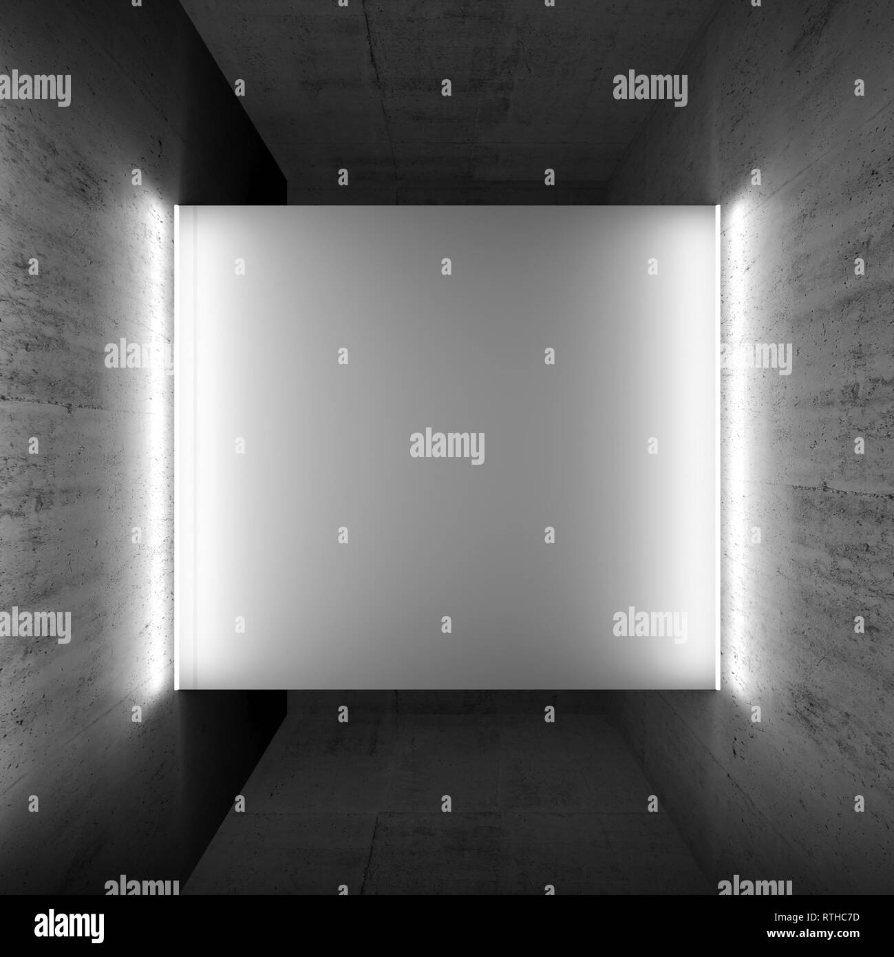Résumé de l'intérieur sombre, vide de béton blanc ouverture vierge avec néon lignes de lumière sur les côtés de la place, le rendu 3d illustration Banque D'Images