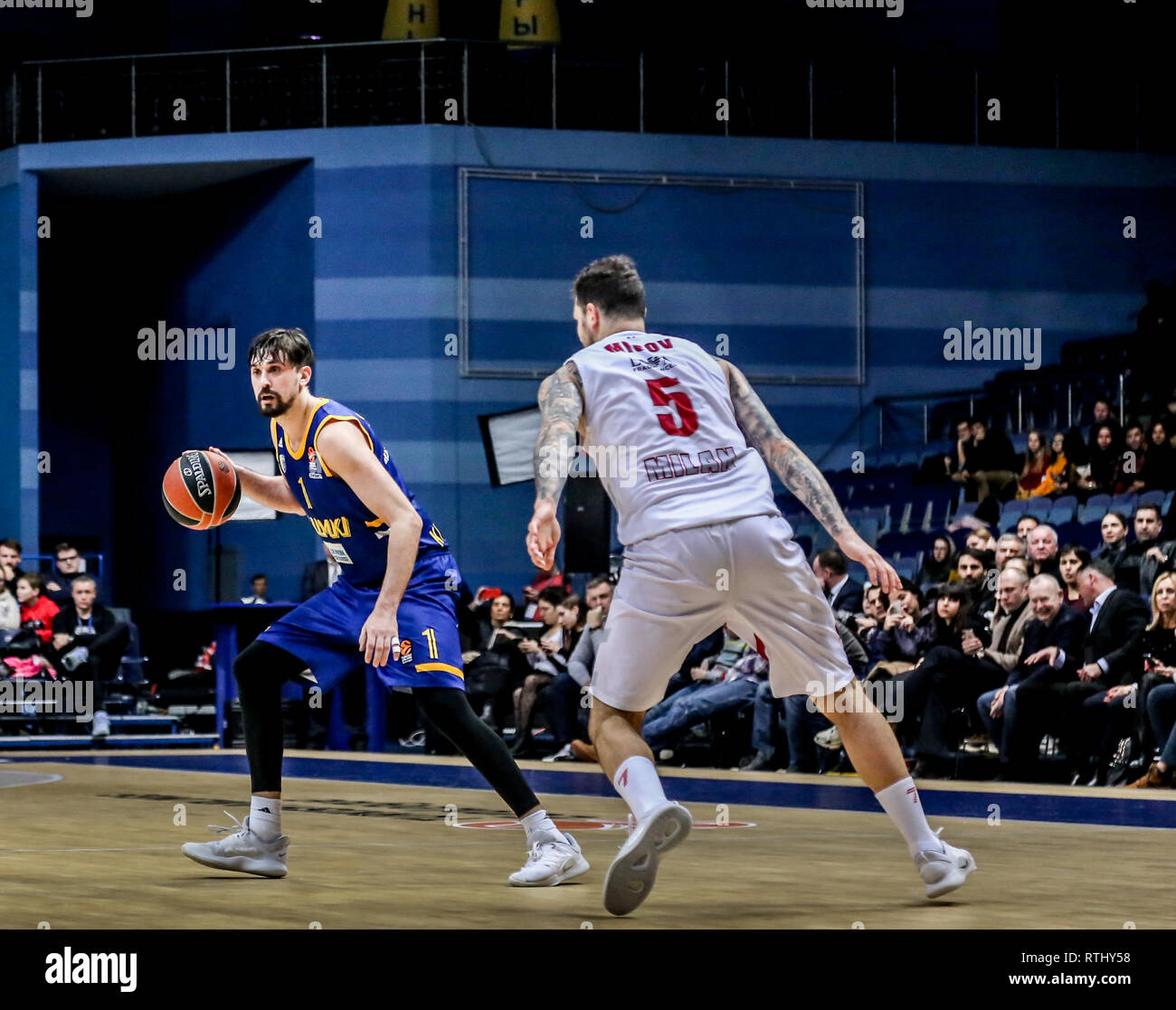 # 1 Alexey Shved vu en action lors d'AX Armani Exchange Olimpia Milan contre Khimki Moscow dans la Turkish Airlines 2018/2019 Saison régulière ligue Euro Tour 25 match. Olimpia Milan a gagné 90-88. Banque D'Images