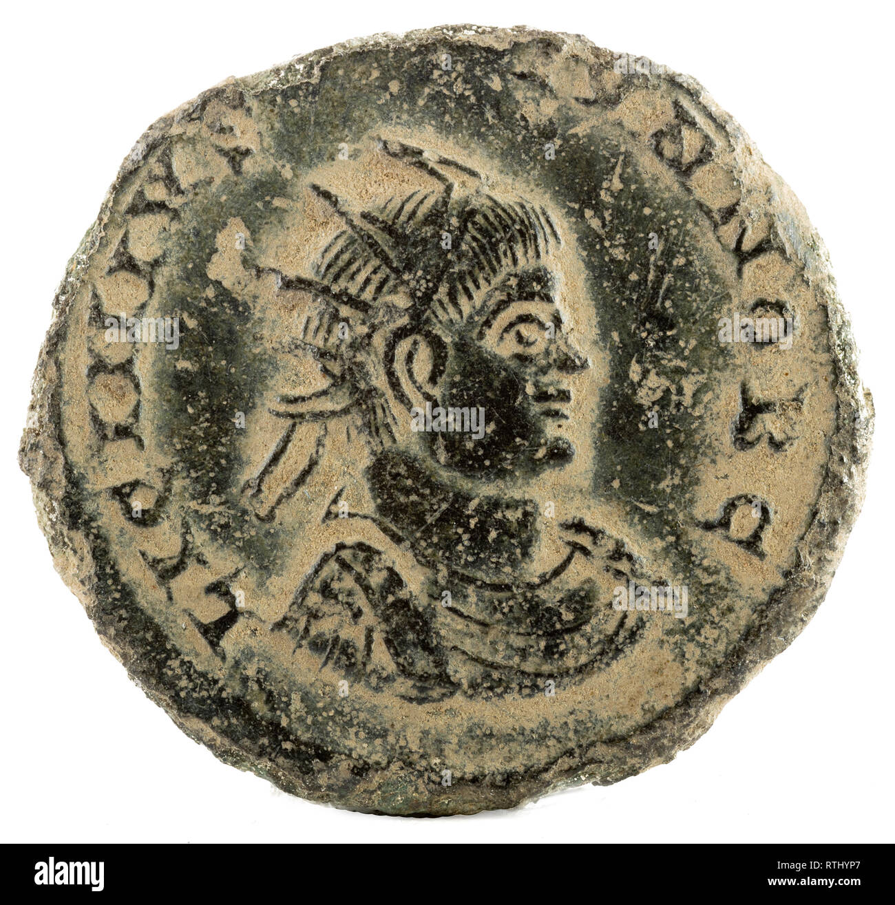 Pièce de cuivre antique romaine de l'Empereur Licinius II. Avers. Banque D'Images