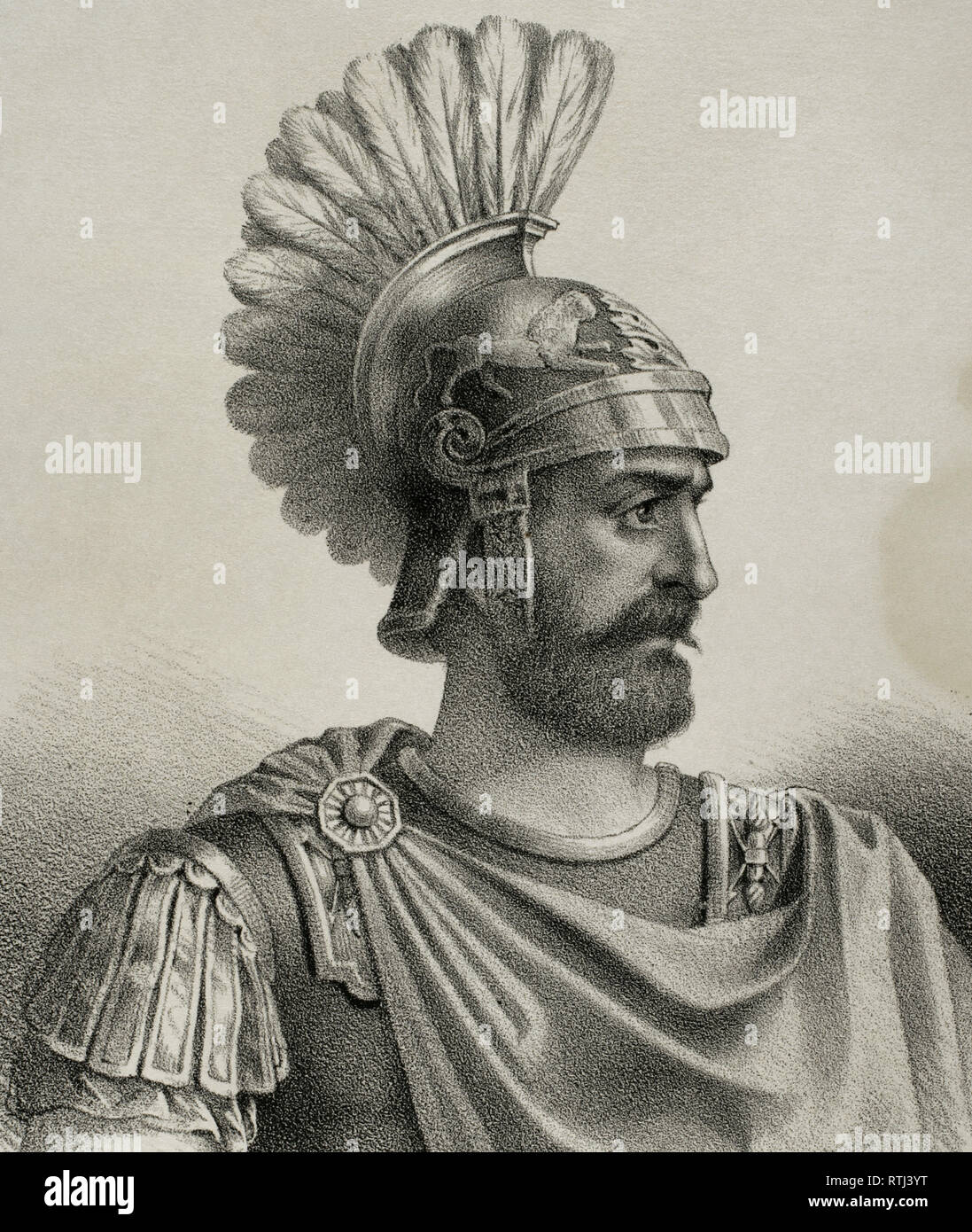Lucius Marcius Septimus. Soldat romain, 3e siècle avant J.-C. (époque Républicaine) qui ont participé à la Deuxième Guerre punique en Hispanie. Dessin de Berr (fl.1866-1872). La lithographie, détail. Crónica general de España, Historia Ilustrada Descriptiva y de sus Provincias. La Catalogne. 1866. Banque D'Images