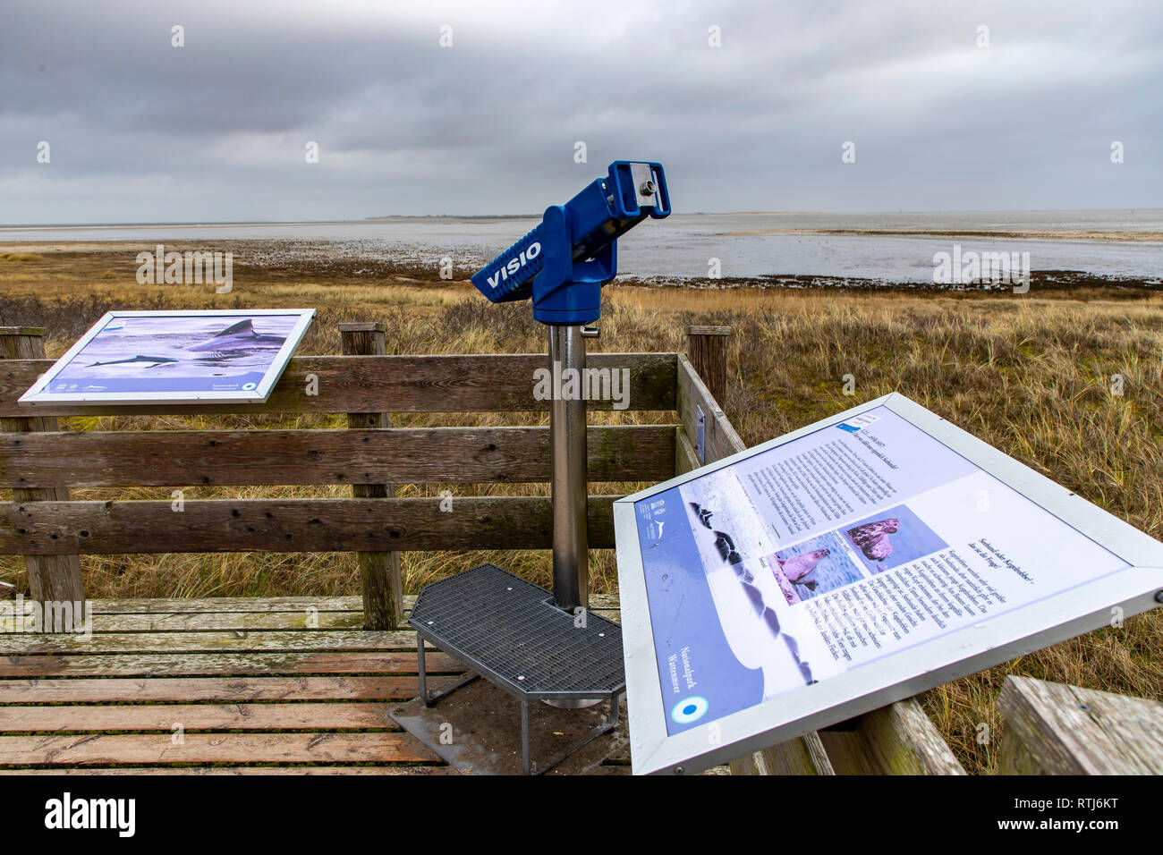Mer du nord île Langeoog, Ostfriesland, Basse-Saxe, Point d'information, plate-forme d'observation à l'extrémité orientale des îles de la mer des Wadden, à l'informat Banque D'Images
