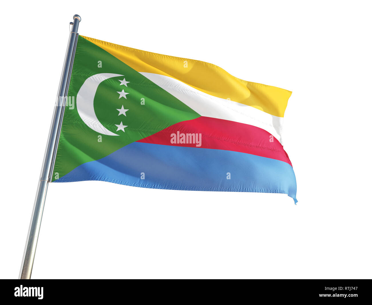 Comores de brandir le drapeau national dans le vent, isolé sur fond blanc. La Haute Définition Banque D'Images