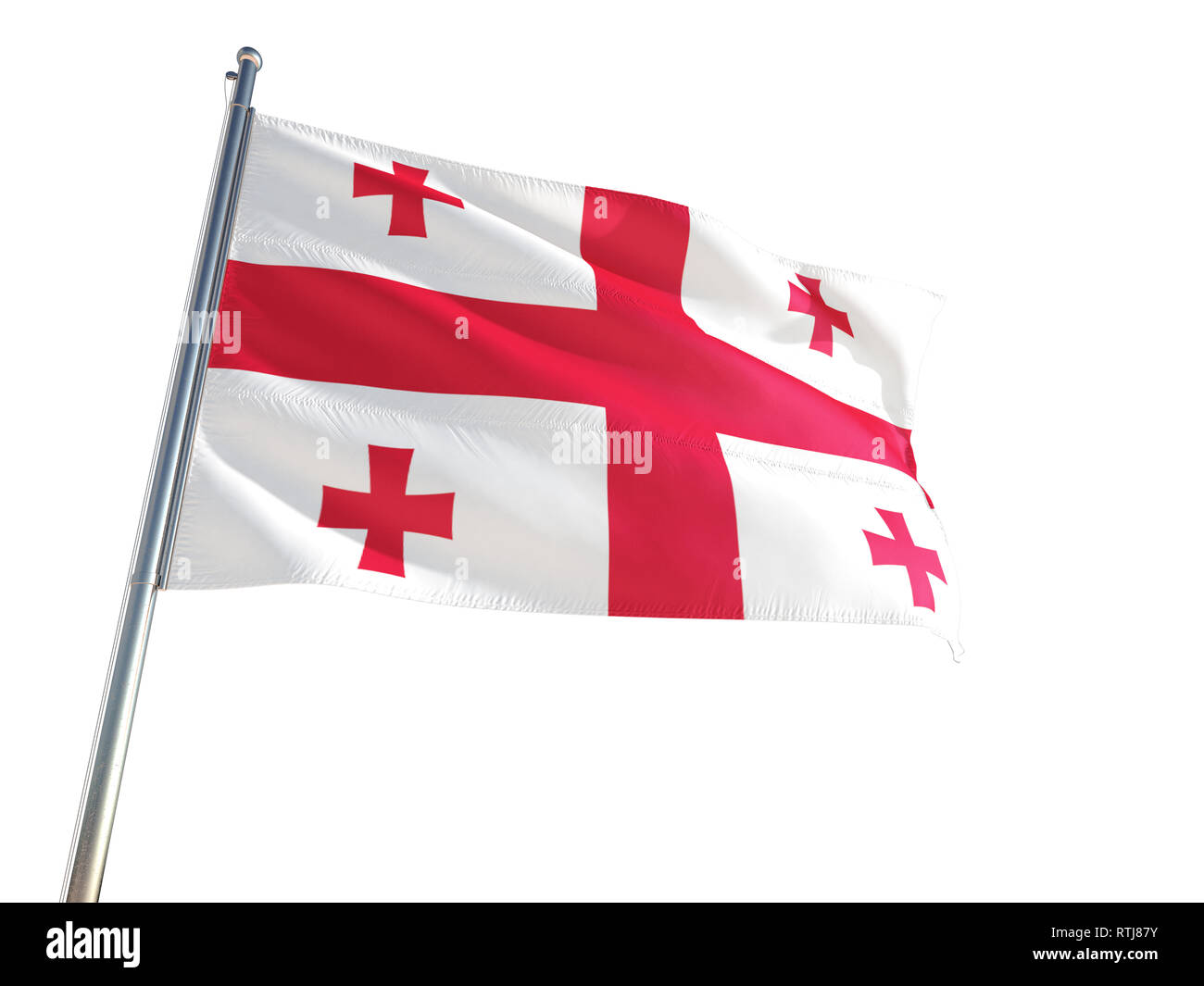 La Géorgie de brandir le drapeau national dans le vent, isolé sur fond blanc. La Haute Définition Banque D'Images
