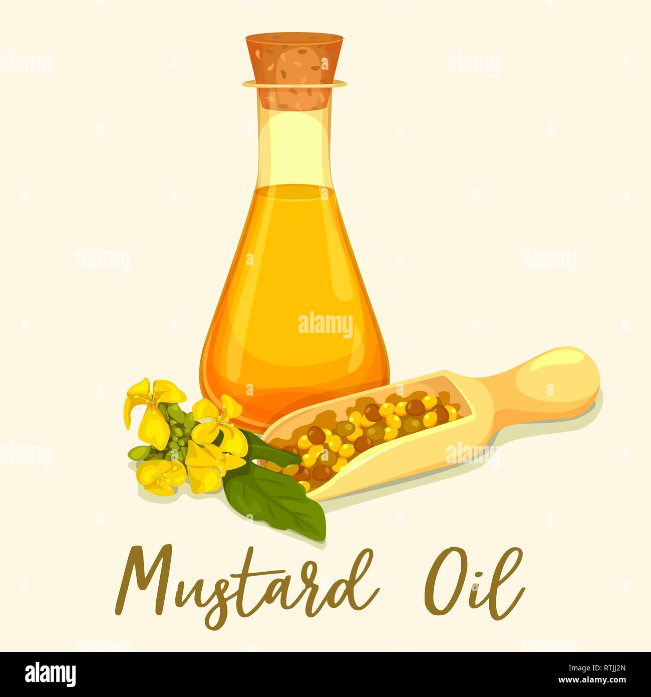 Bouteille avec l'huile de moutarde avec des graines dans scoop Illustration de Vecteur