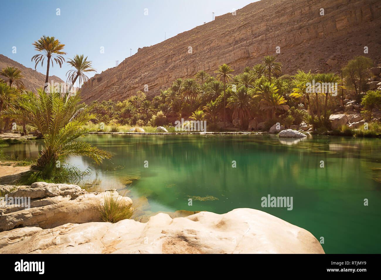 Lac incroyable et oasis avec des palmiers (Wadi Bani Khalid) dans le désert omanais Banque D'Images