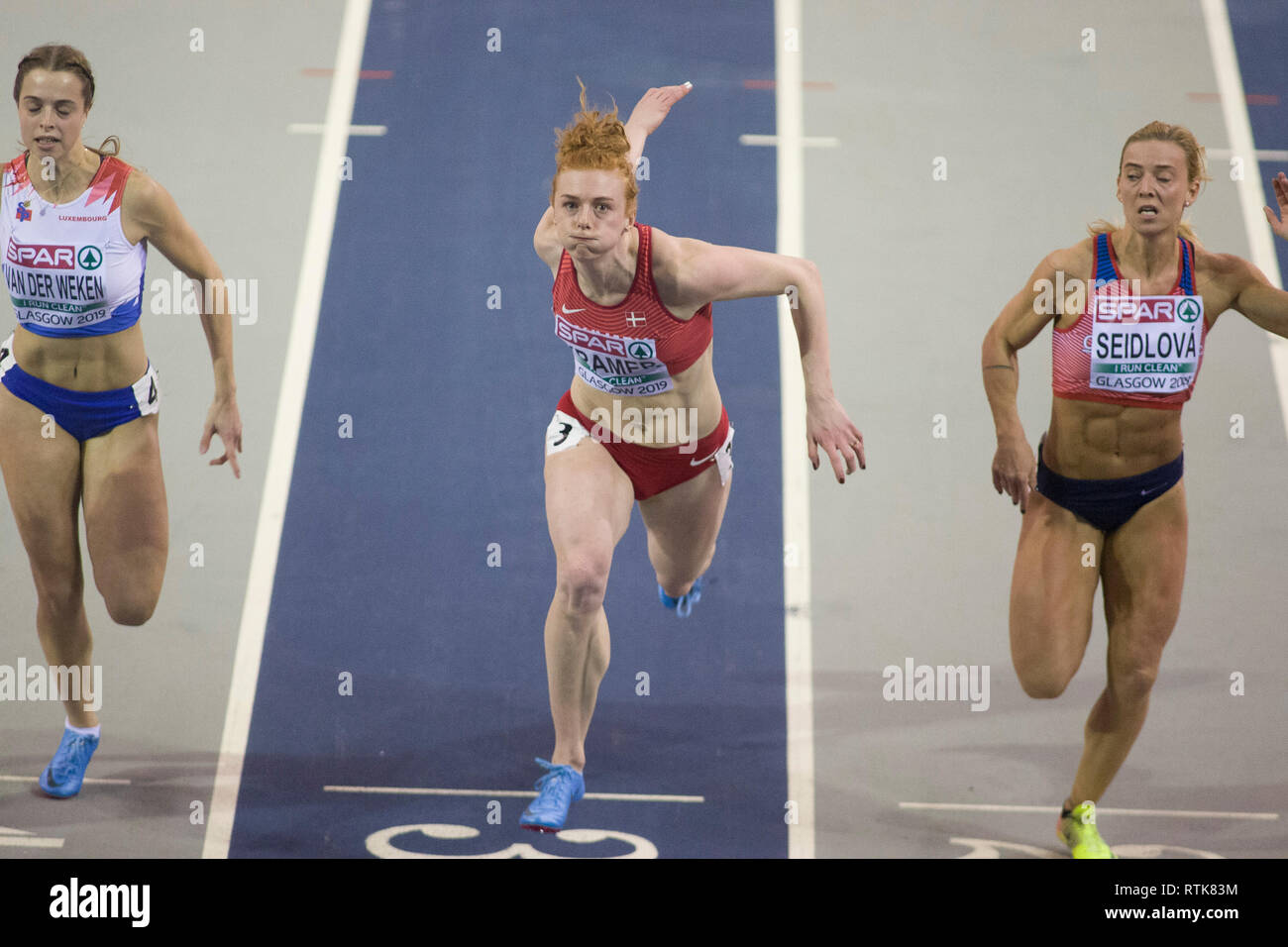 Glasgow, Royaume-Uni. 09Th Mar, 2019. Glasgow, Écosse - 2 mars : Kramer Mathilde de den pendant la ronde 1 chaleur 5 de la Women's 60m le jour 2 de l'Indoor d'athlétisme à l'Emirates Arena de Glasgow, Ecosse. ( Crédit : Scottish Borders Media/Alamy Live News Banque D'Images