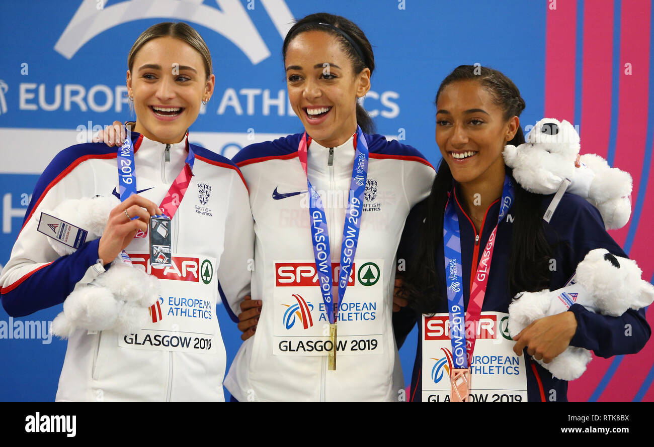 Unis Arena, Glasgow, Royaume-Uni. 2e Mar, 2019. European Athletics Indoor Championships, jour 2 ; Niamh Emerson (GBR) Katarina Johnson-Thompson (GBR) et Solene taurins Ndama (FRA) sourire du podium : Action Crédit Plus Sport/Alamy Live News Banque D'Images