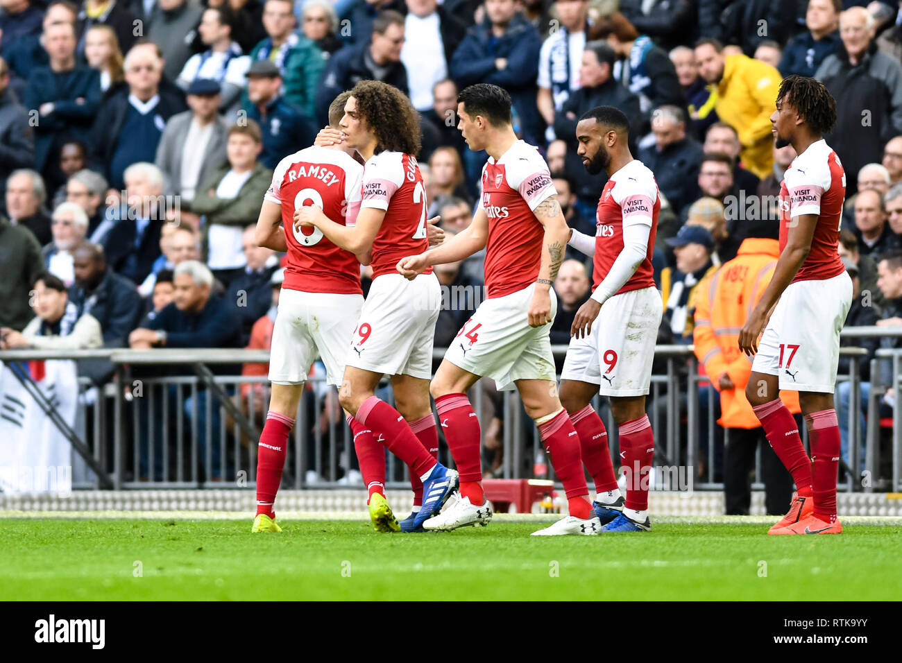 Londres, Royaume-Uni. 2 mars 2019. Aaron Ramsey célèbre son but d'Arsenal au cours de la Premier League match entre Arsenal et Tottenham Hotspur au stade de Wembley, Londres, Angleterre le 2 mars 2019. Photo par Adamo Di Loreto. Usage éditorial uniquement, licence requise pour un usage commercial. Aucune utilisation de pari, de jeux ou d'un seul club/ligue/dvd publications. Banque D'Images