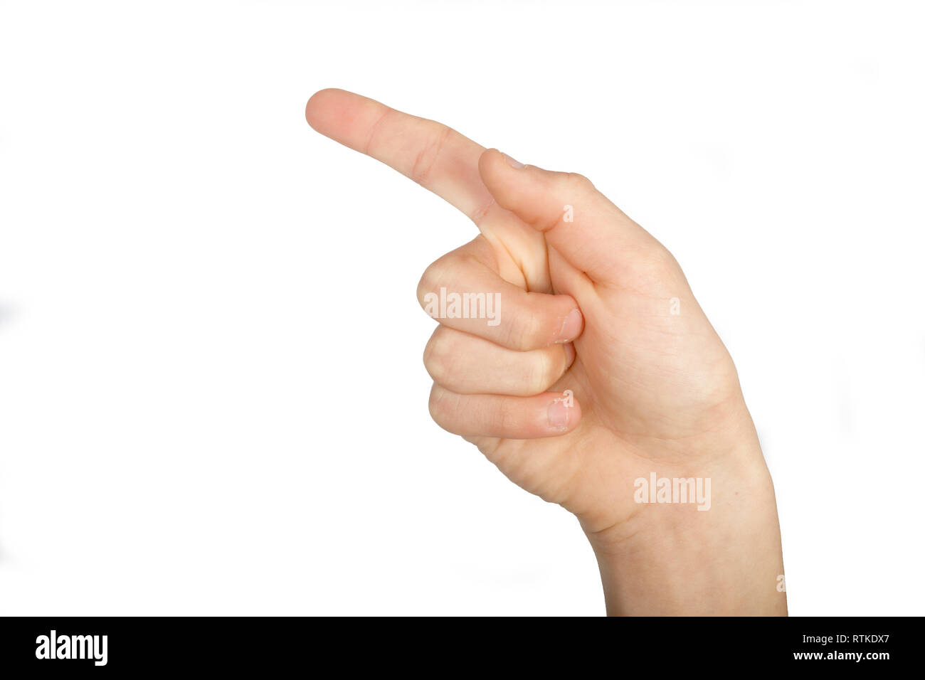 Caucasian part faire la langue des signes américaine montrant le symbole pour G Banque D'Images