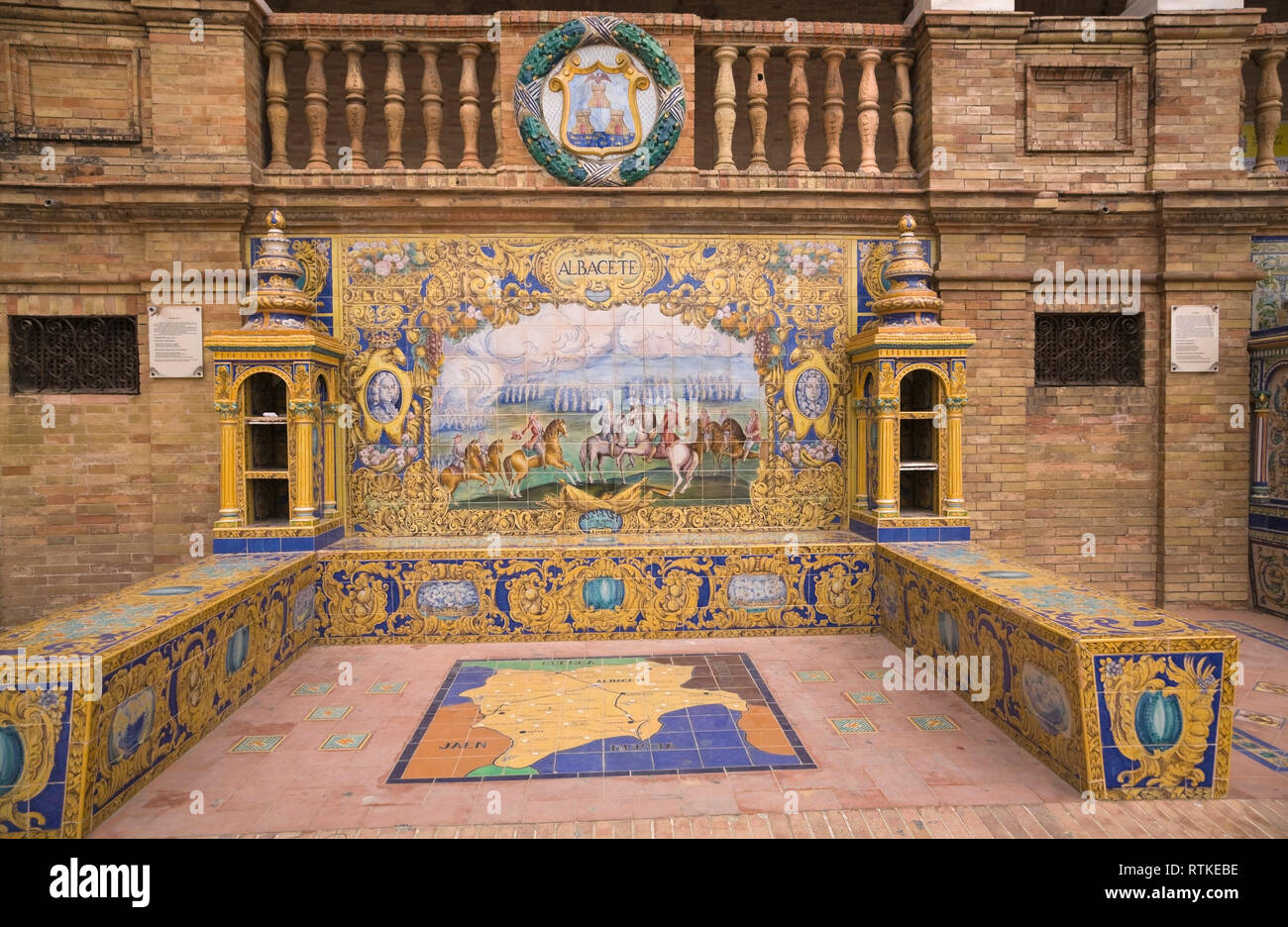 Albacete en carreaux de céramique peinture, Plaza de España, Parc Maria Luisa, Séville, Espagne, Europe Banque D'Images