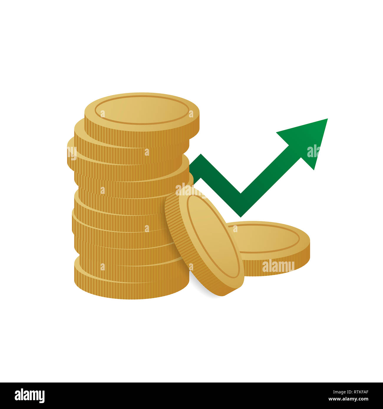 Pièce d'or avec l'augmentation des flèche verte sur fond blanc, Vector illustration. Banque D'Images