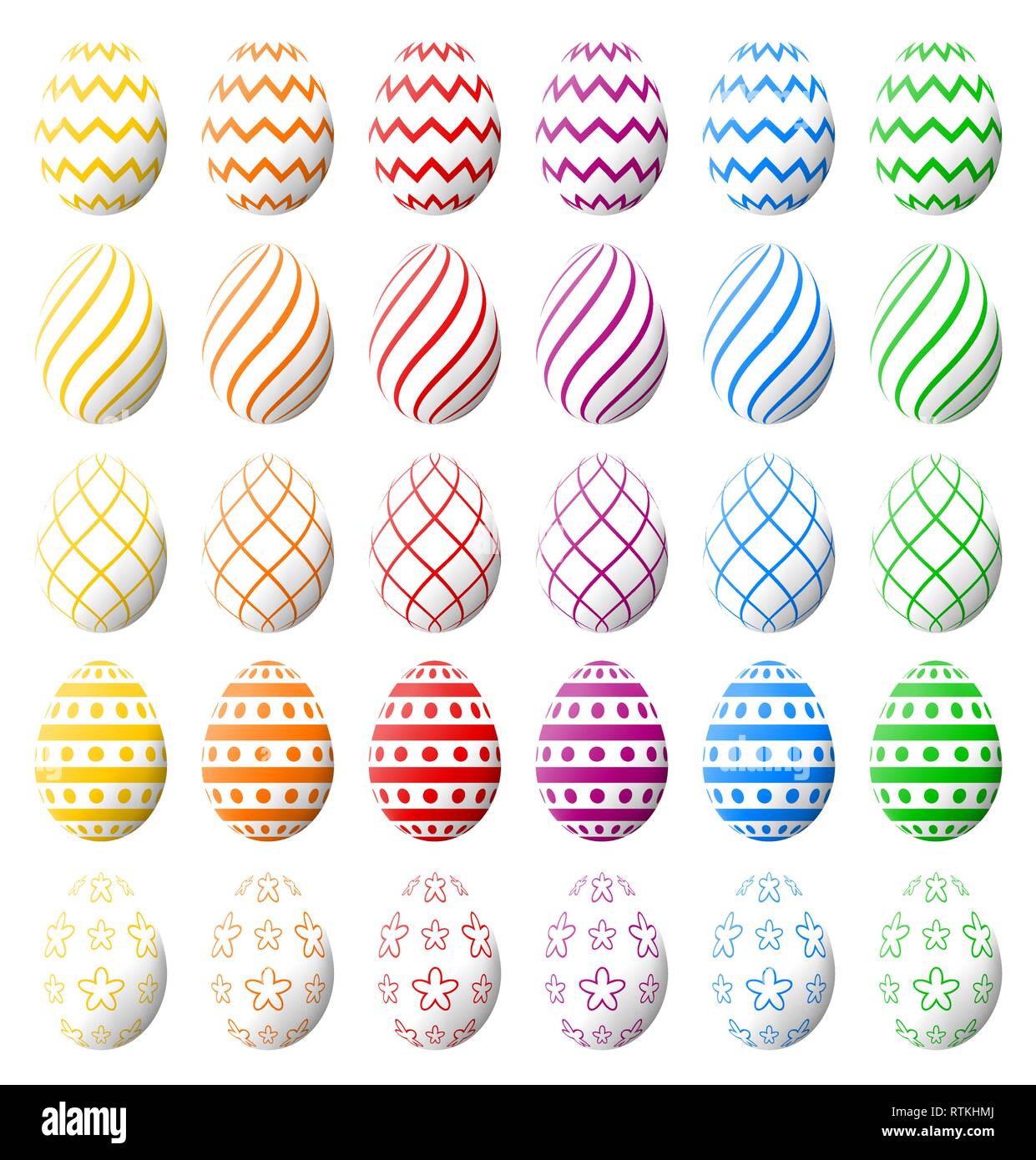 Ensemble d'oeufs de Pâques blanc avec divers motifs colorés. Vecteur de haute qualité. Illustration de Vecteur