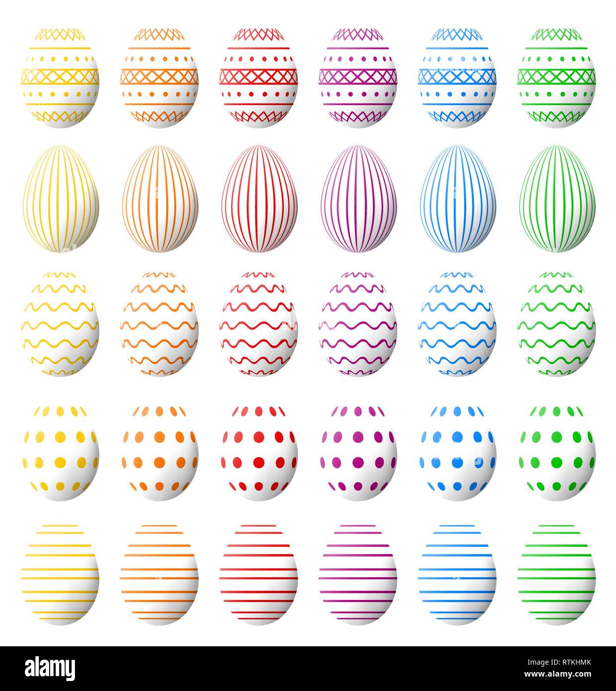 Collection d'oeufs de Pâques blanc avec ombre et différents modèles colorés. La haute qualité, vecteur photoréaliste. Illustration de Vecteur