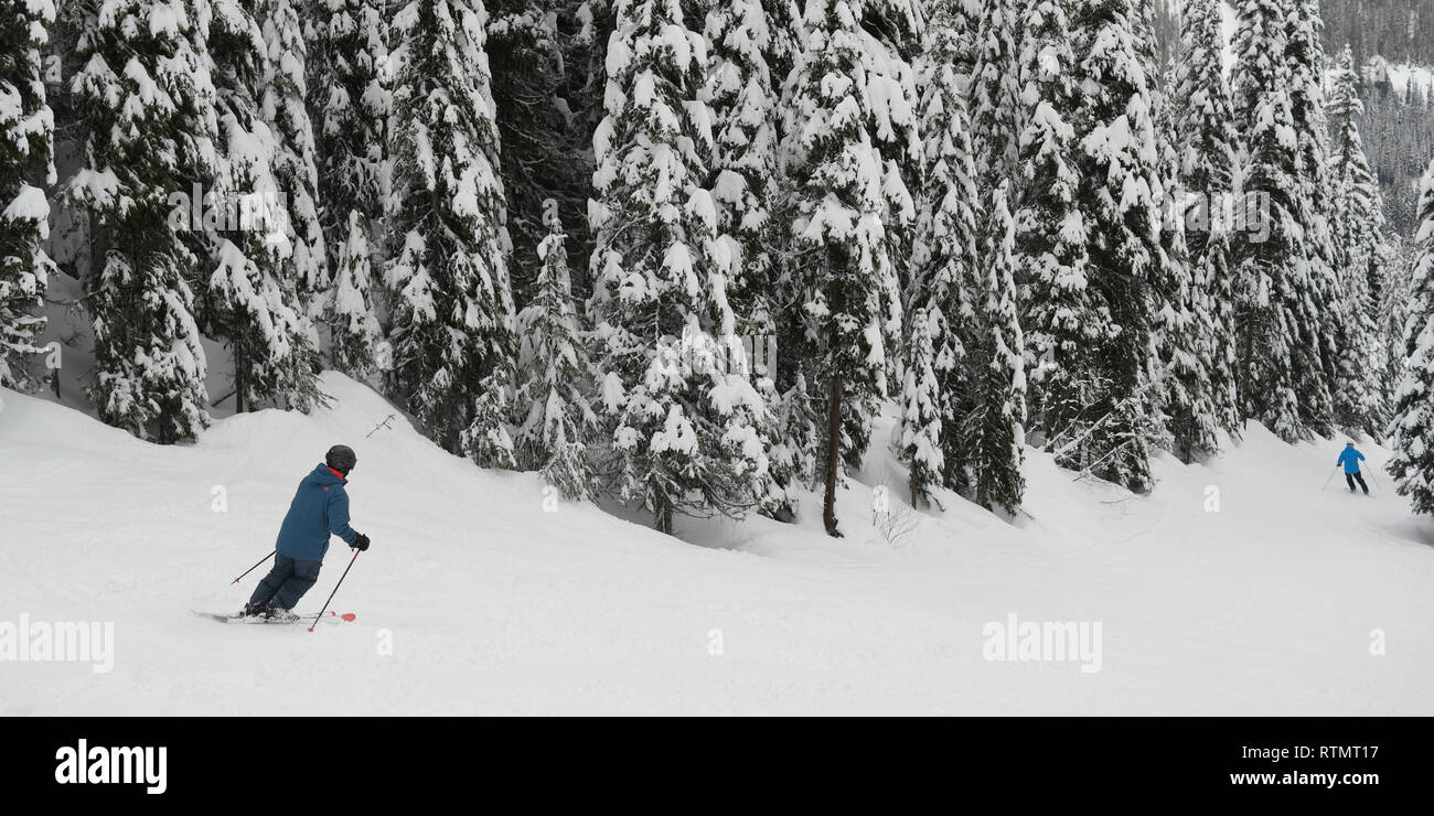 Les touristes le ski à Sun Peaks Resort, Sun Peaks, Kamloops, British Columbia, Canada Banque D'Images