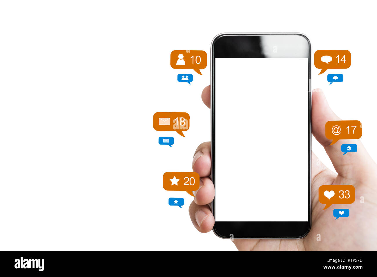 Main tenant téléphone intelligent, écran vide vide et le réseautage social en ligne des icônes de notification, isolé sur fond blanc Banque D'Images
