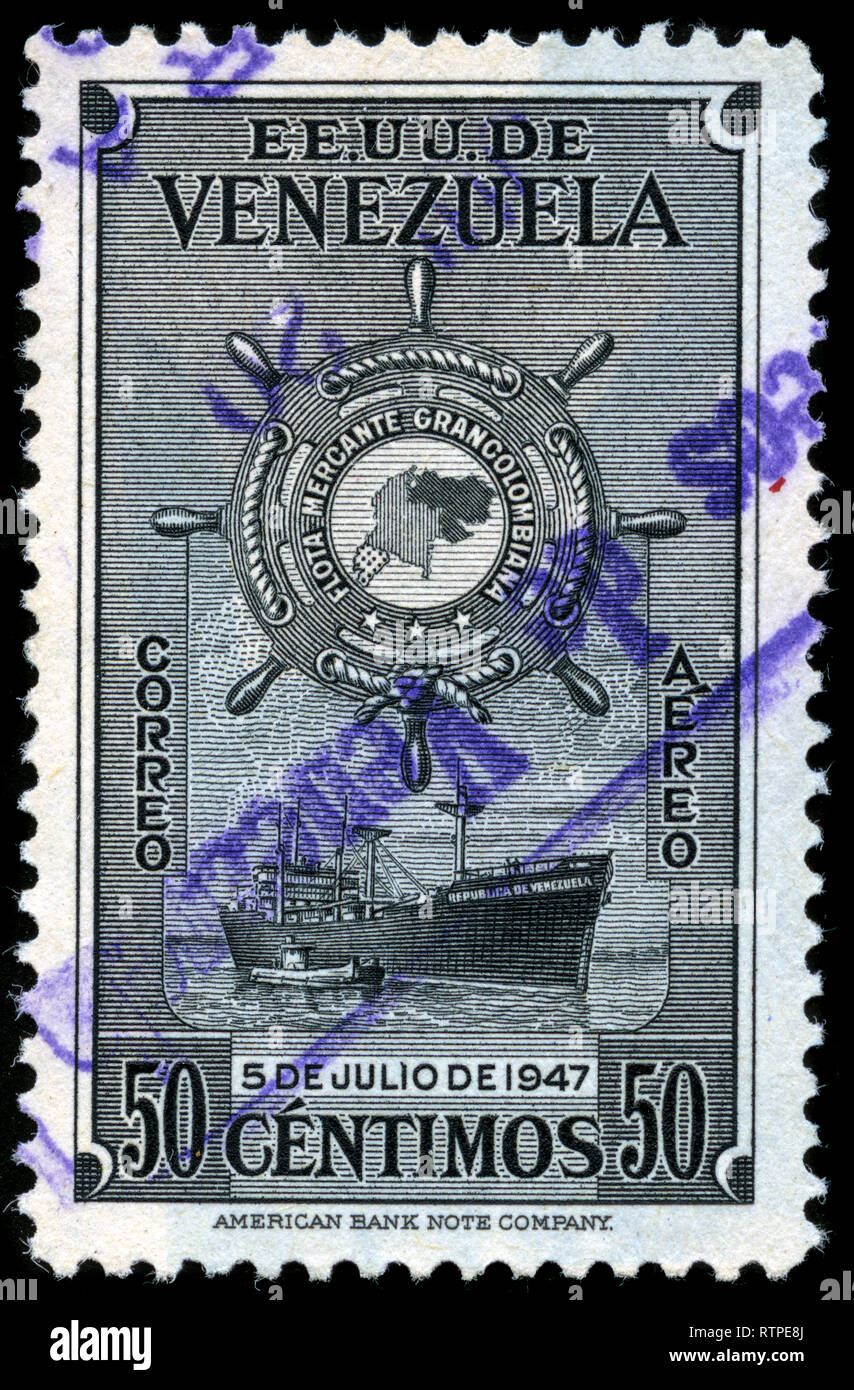 Timbre-poste du Venezuela dans la grande flotte marchande colombien série émise en 1949 Banque D'Images