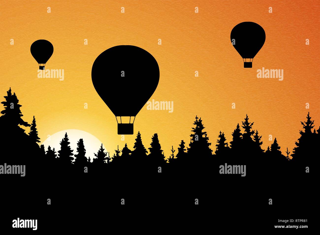Vector illustration de paysage avec forêt, battant les ballons à air chaud et orange ciel avec soleil levant Illustration de Vecteur