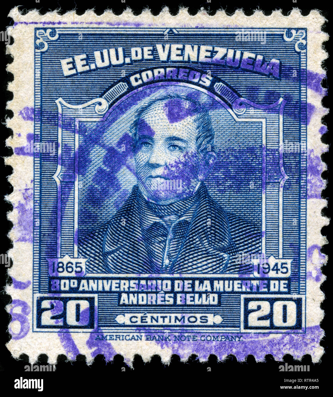 Timbre-poste du Venezuela dans le 80e anniversaire de la mort de Don Andres Bello série émise en 1946 Banque D'Images