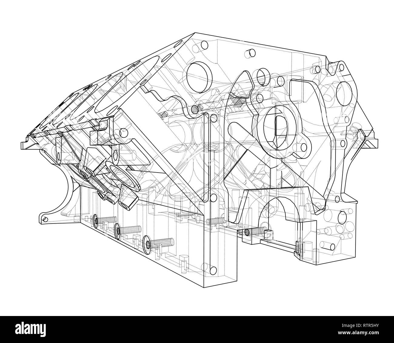 Croquis du bloc moteur. Le rendu 3D de vecteur Illustration de Vecteur