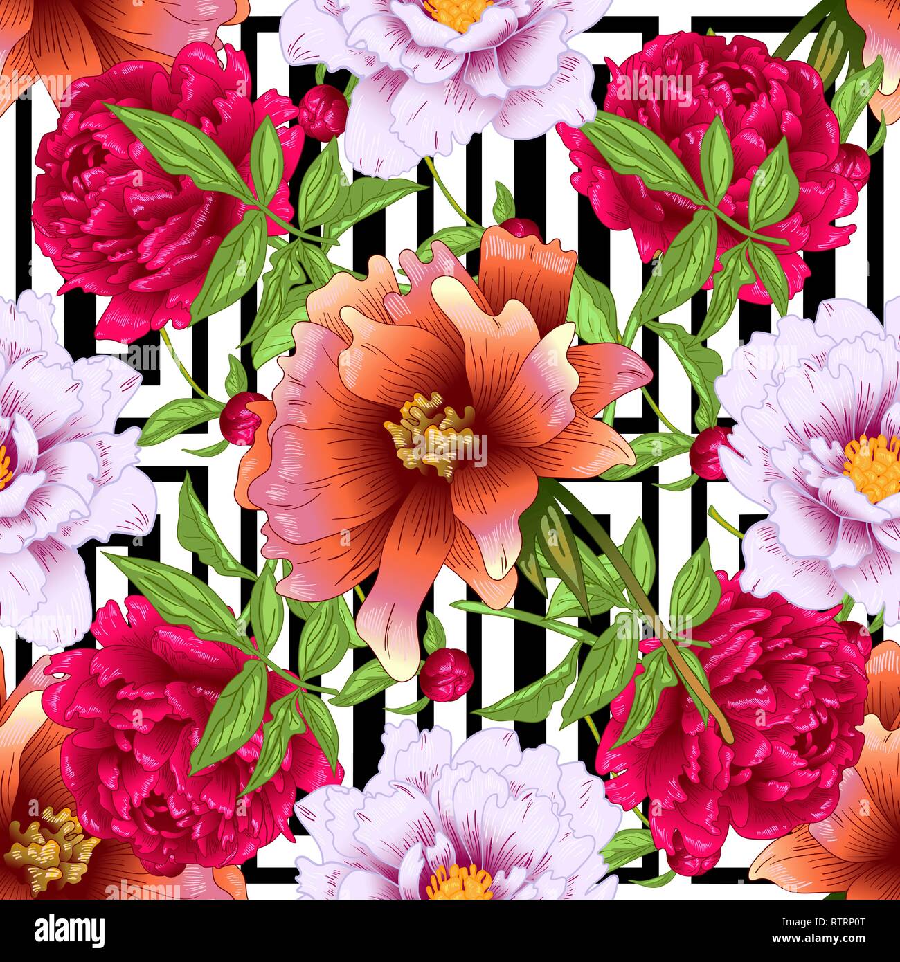 Vector floral pivoine rose et rouge fleurs botanique. L'art d'encre gravée motif de fond transparent. Illustration de Vecteur