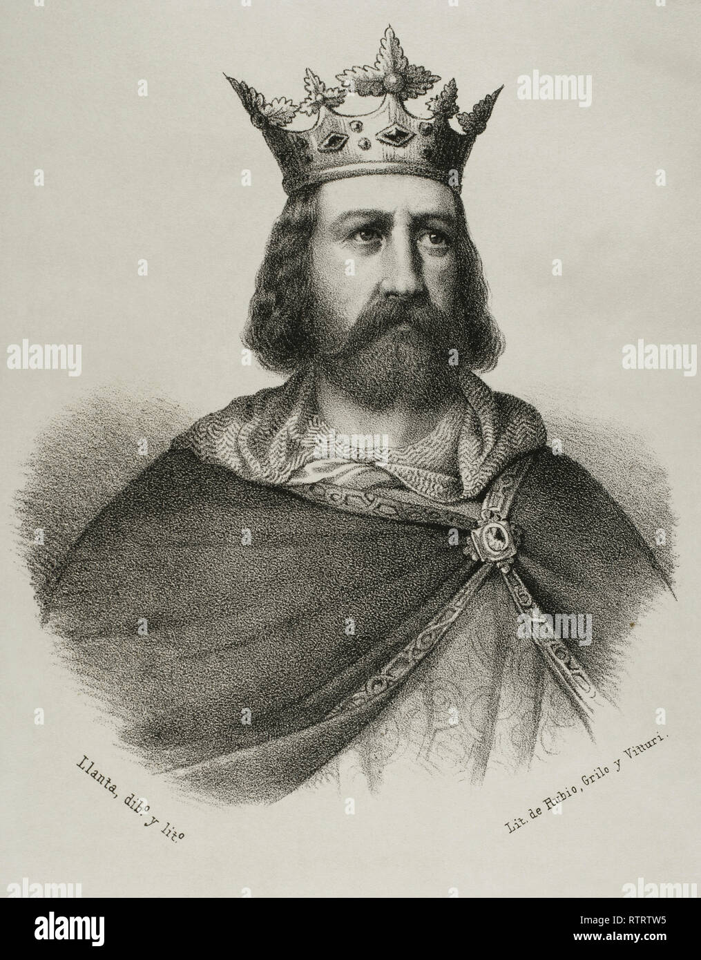 Alfons II le Chaste (1157-1196). Le roi d'Aragon et comte de Barcelone. La lithographie. Crónica general de España, Historia Ilustrada Descriptiva y de sus Provincias. La Catalogne. 1866. Banque D'Images