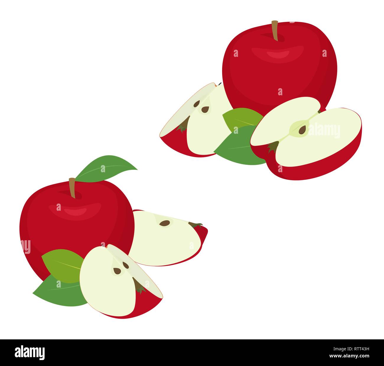 Pièces set d'Apple. Pomme rouge avec des fruits entiers, coupés en tranches, avec des feuilles sur fond blanc comme élément de la conception de l'emballage. Illustration de Vecteur