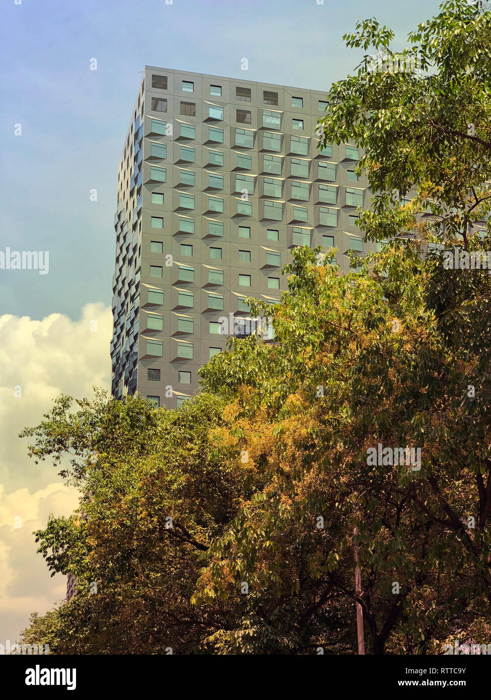 Les arbres verts et façade d'immeuble contemporain sur une journée ensoleillée. Banque D'Images