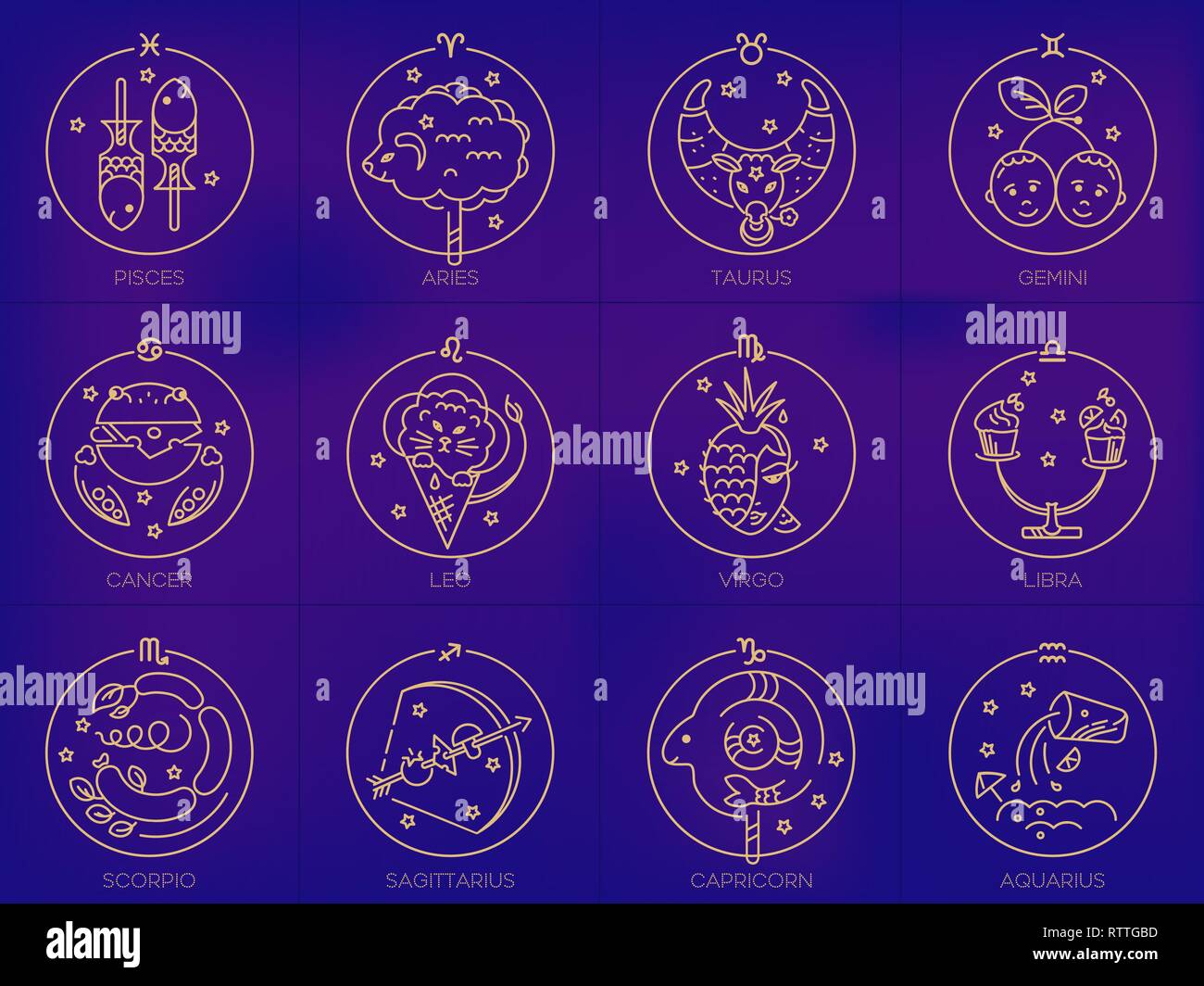 Vector signes du zodiaque en cercles de couleur or sur fond bleu, logo, illustration ou de tatouage. Prévisions astrologiques, horoscope alimentaire Illustration de Vecteur