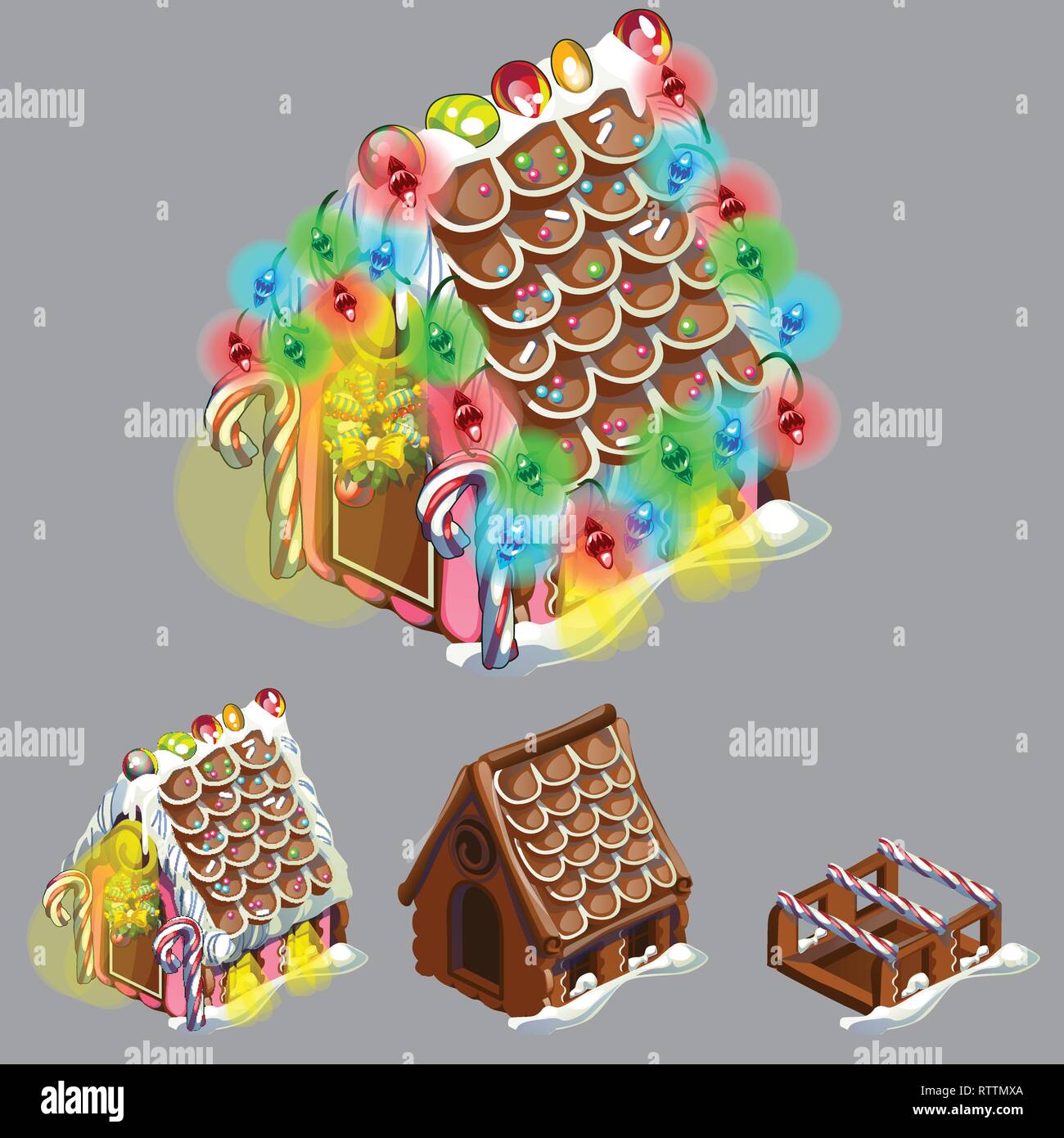 Étape de création de gâteau de fête en forme de maison de village décoré dans le style Noël isolé sur fond gris. Des pâtisseries de fête doux Illustration de Vecteur