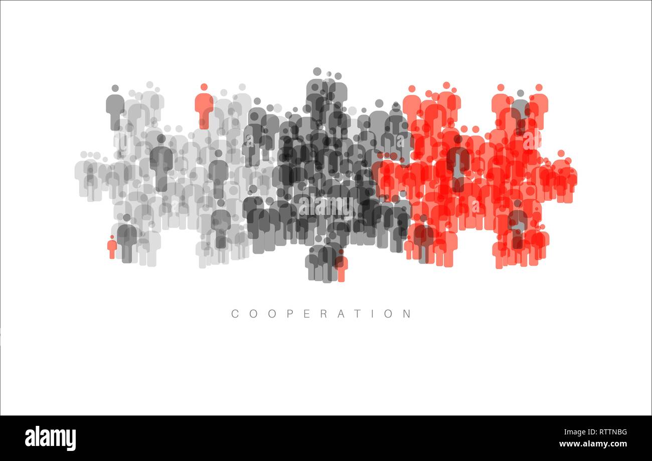 Le travail d'équipe de réflexion coopération concept faite de gens gris et rouges, pièces de puzzle d'être montées ensemble Illustration de Vecteur
