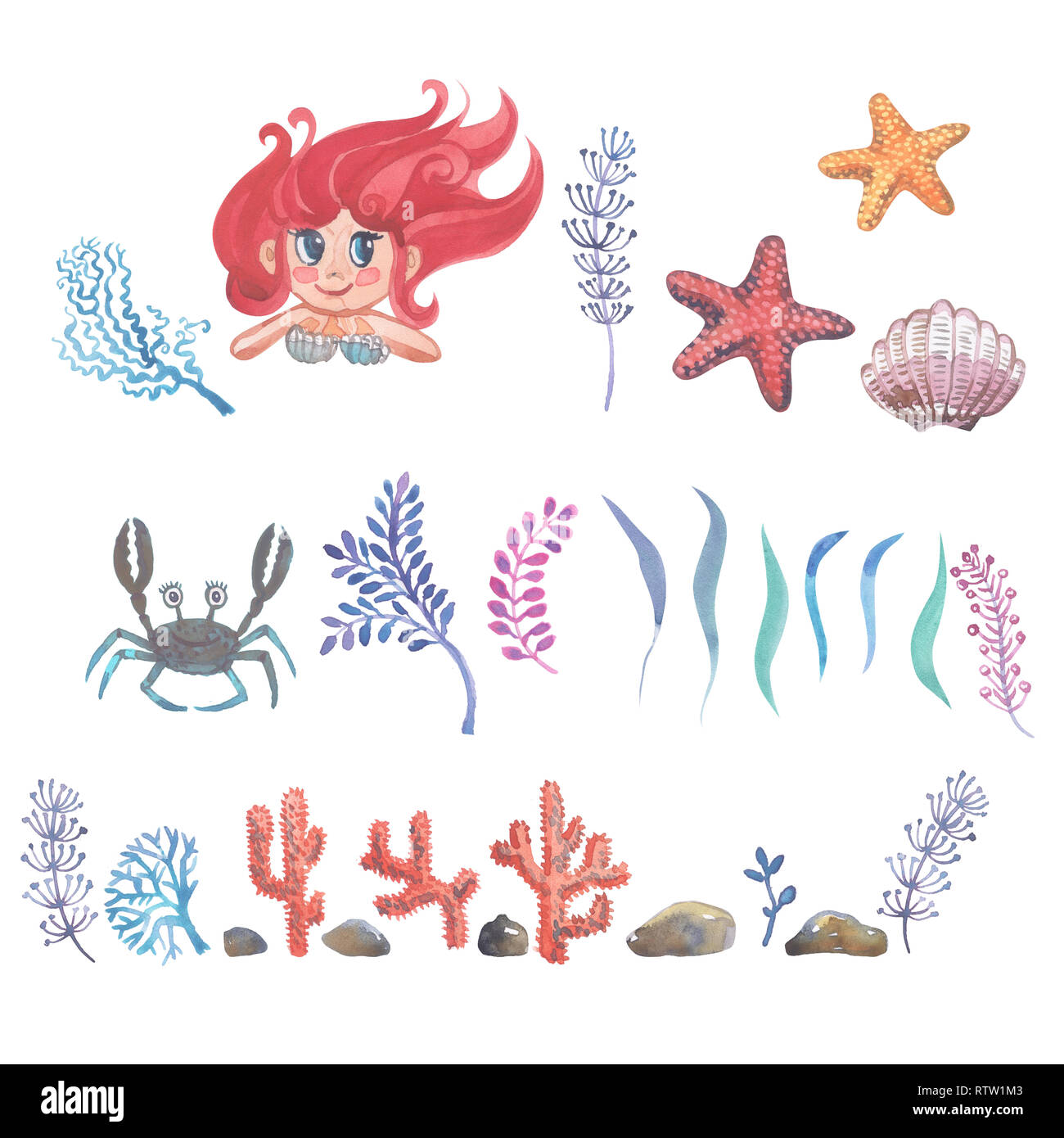 Aquarelle petite sirène aux cheveux roses et vert queue de poisson se trouve sur le sable sur le fond marin. Banque D'Images