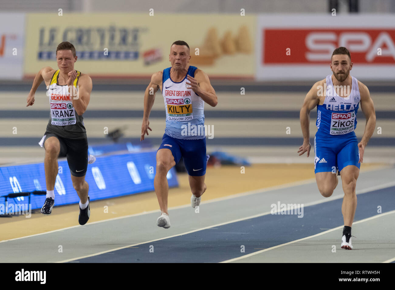 Glasgow, Ecosse, Royaume-Uni. 2 mars, 2019. Richard Kilty (GBR, centre) en finale de 60 m lors des Championnats d'athlétisme Indoor 2019 Glasgow au Emirates Arena le Samedi, 02 mars 2019. GLASGOW EN ÉCOSSE. (Usage éditorial uniquement, licence requise pour un usage commercial. Aucune utilisation de pari, de jeux ou d'un seul club/ligue/dvd publications.) Crédit : Taka G Wu/Alamy News Banque D'Images