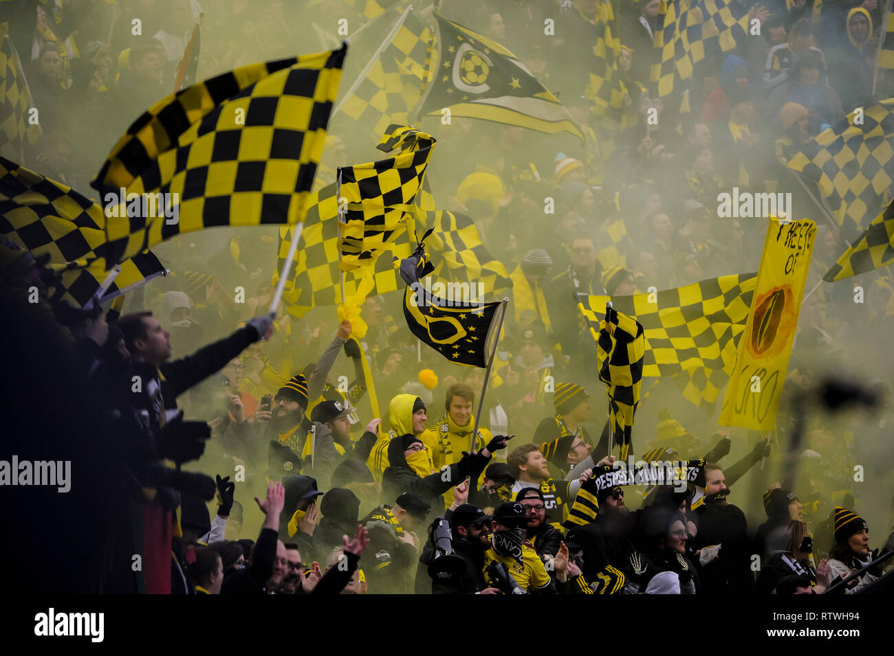 Samedi, Mars 02, 2019 : Columbus Crew SC fans dans la première moitié du match entre les New York Red Bulls et Columbus Crew SC dans le match d'ouverture au stade de Mapfre, à Columbus OH. Crédit Photo obligatoire : Dorn Byg/Cal Sport Media. Columbus Crew SC 0 - New York Red Bulls 0 Banque D'Images