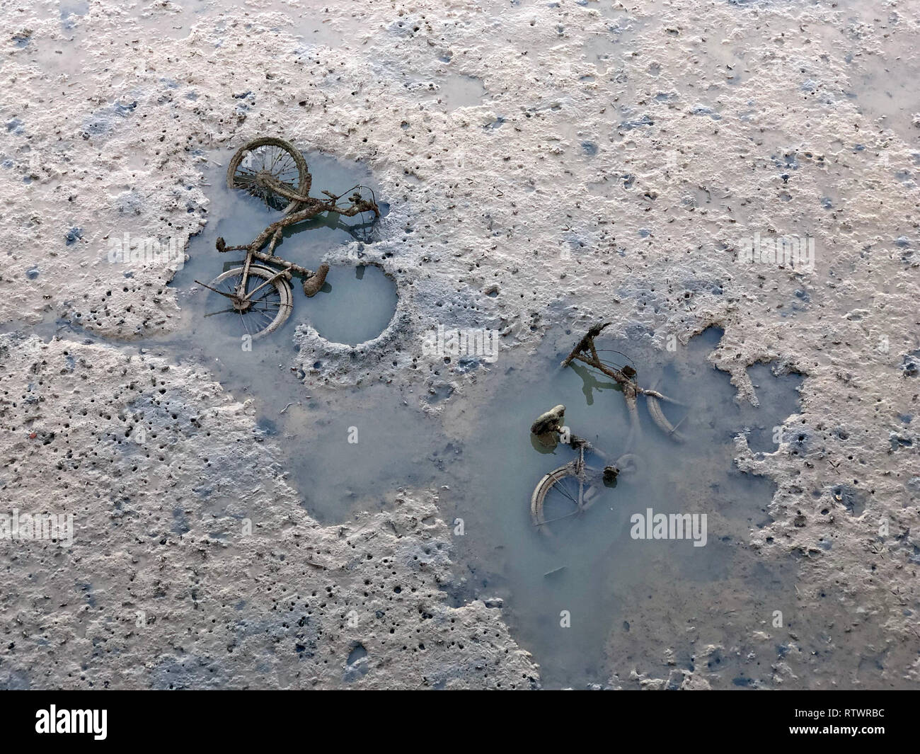 Le partage de deux bicyclettes a été jeté à l'eau boueuse. Le vandalisme de l'Asie. Banque D'Images
