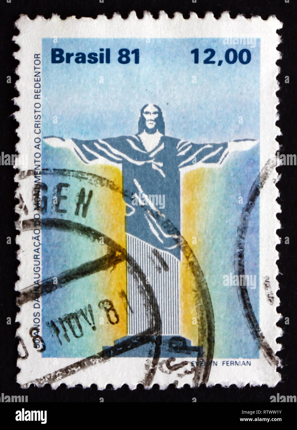 Brésil - circa 1981 : timbre imprimé dans le Brésil montre Christ Rédempteur, Rio de Janeiro, 50e anniversaire, vers 1981 Banque D'Images