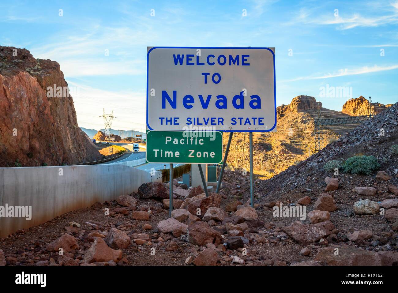 Inscription Bienvenue dans le Nevada, l'état d'argent, Bienvenue au Nevada, Hoover-Dam, Boulder City, Nevada, USA Banque D'Images