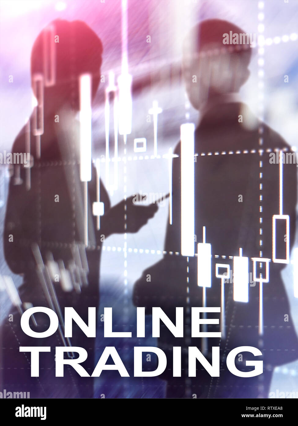 Le trading en ligne, FOREX, investissement concept sur l'arrière-plan flou centre d'affaires. Résumé de couverture format vertical. Banque D'Images