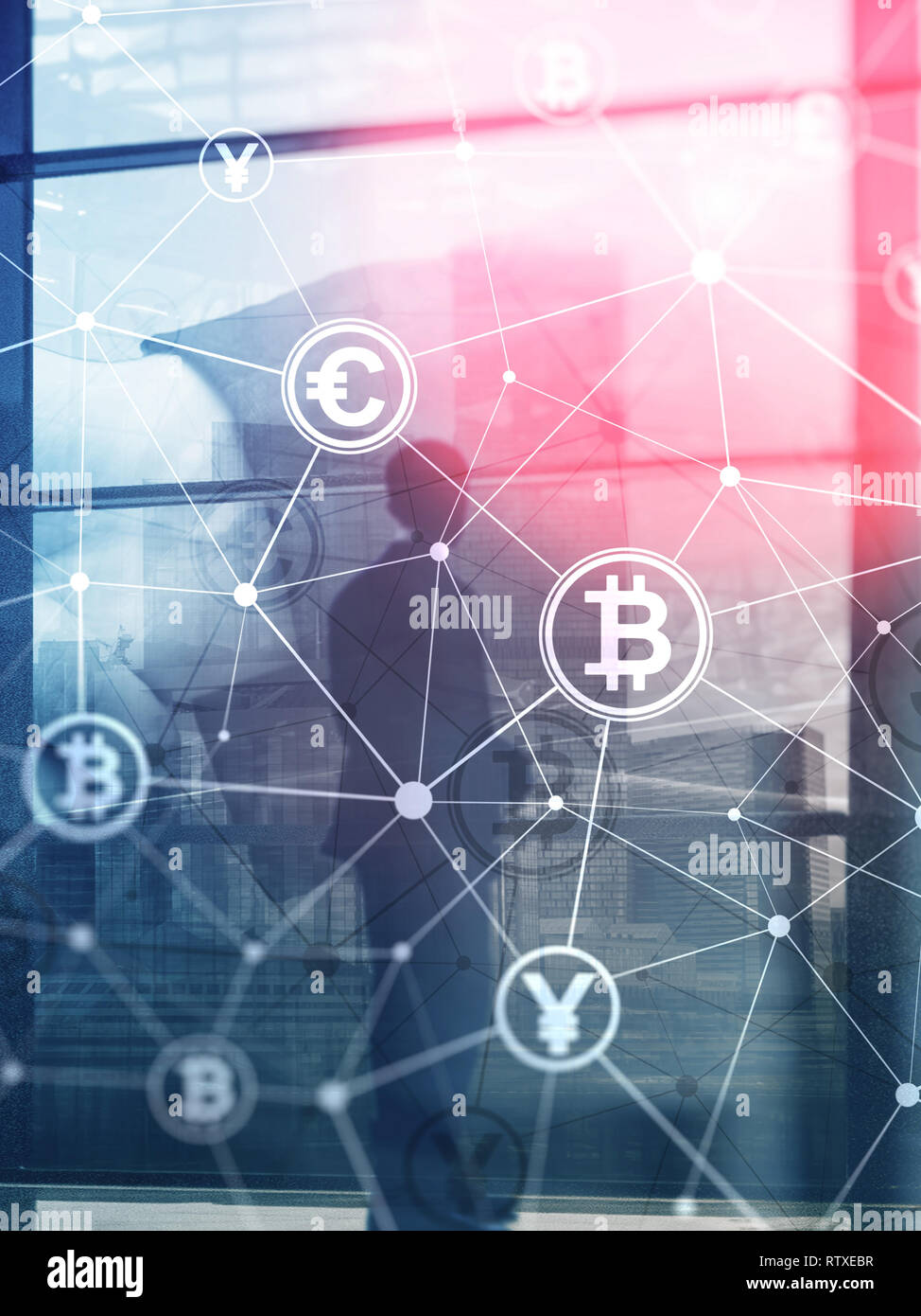 Double exposition et blockchain Bitcoin concept. L'économie numérique et le commerce des devises. Résumé de couverture format vertical. Banque D'Images