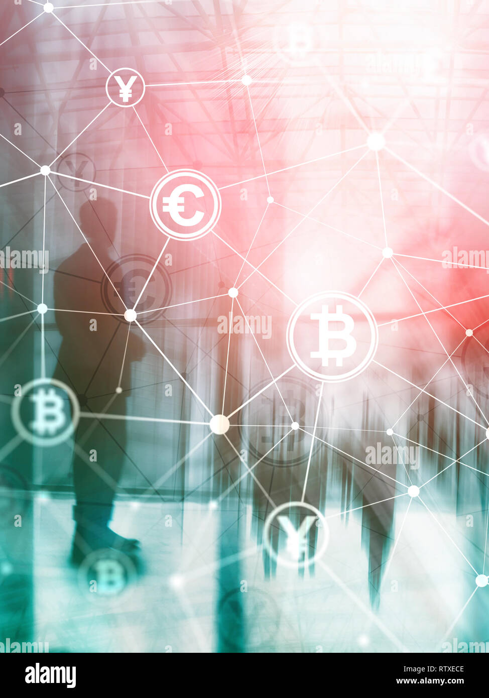 Double exposition et blockchain Bitcoin concept. L'économie numérique et le commerce des devises. Résumé de couverture format vertical. Banque D'Images