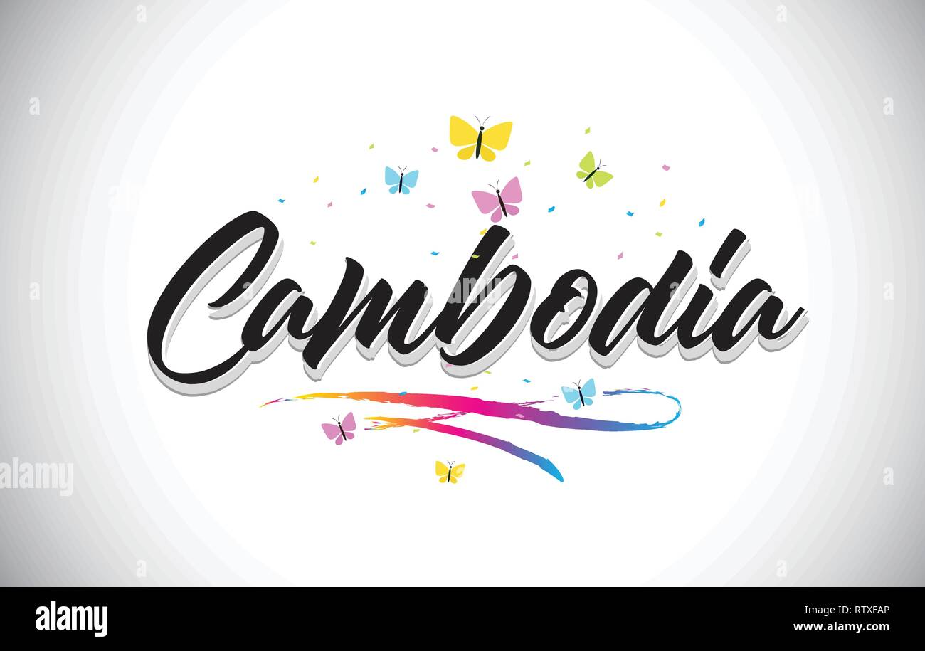 Cambodge mot texte manuscrite avec papillons et Swoosh coloré Design illustration vectorielle. Illustration de Vecteur