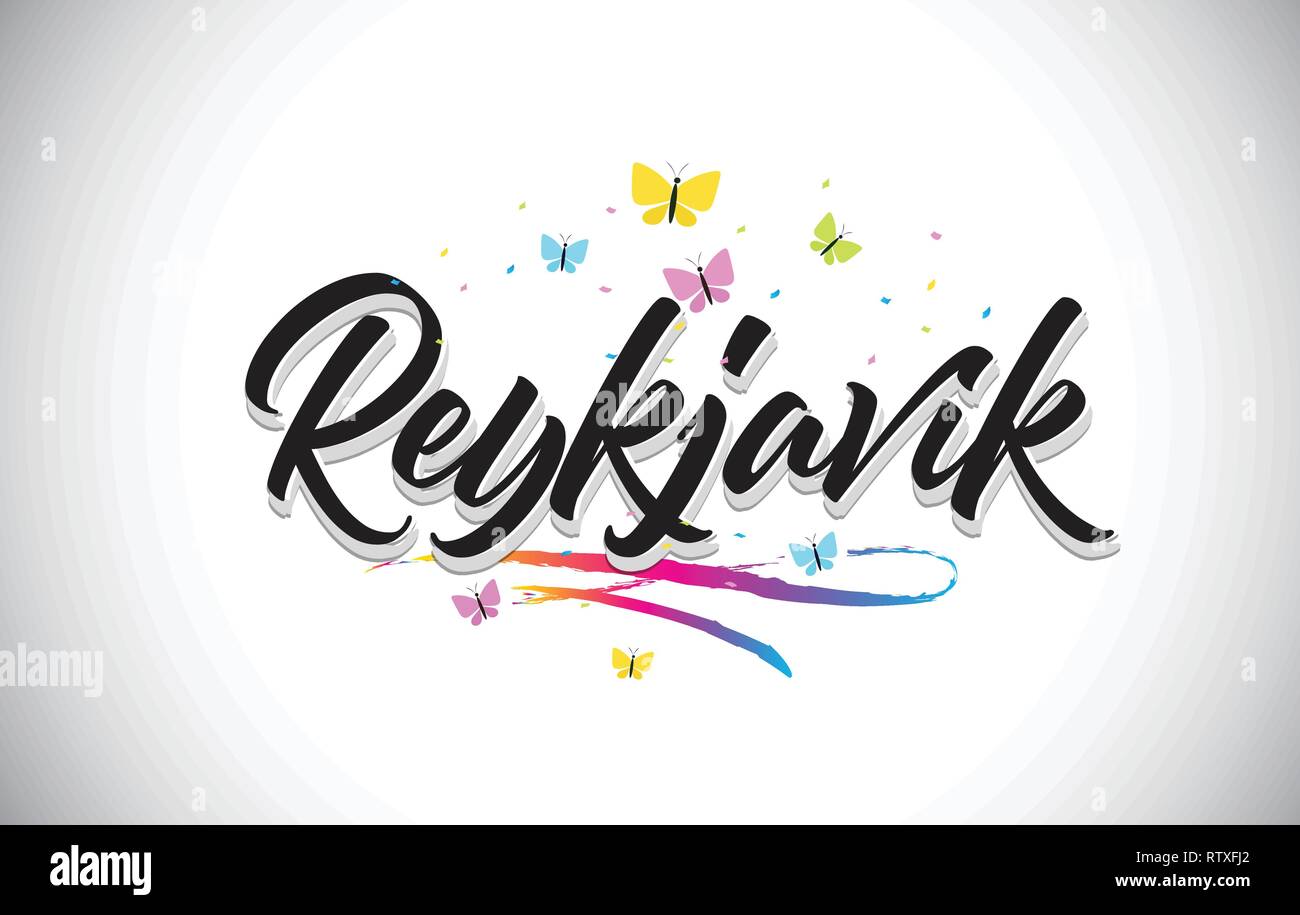 Mot texte manuscrite de Reykjavik avec papillons et Swoosh coloré Design illustration vectorielle. Illustration de Vecteur