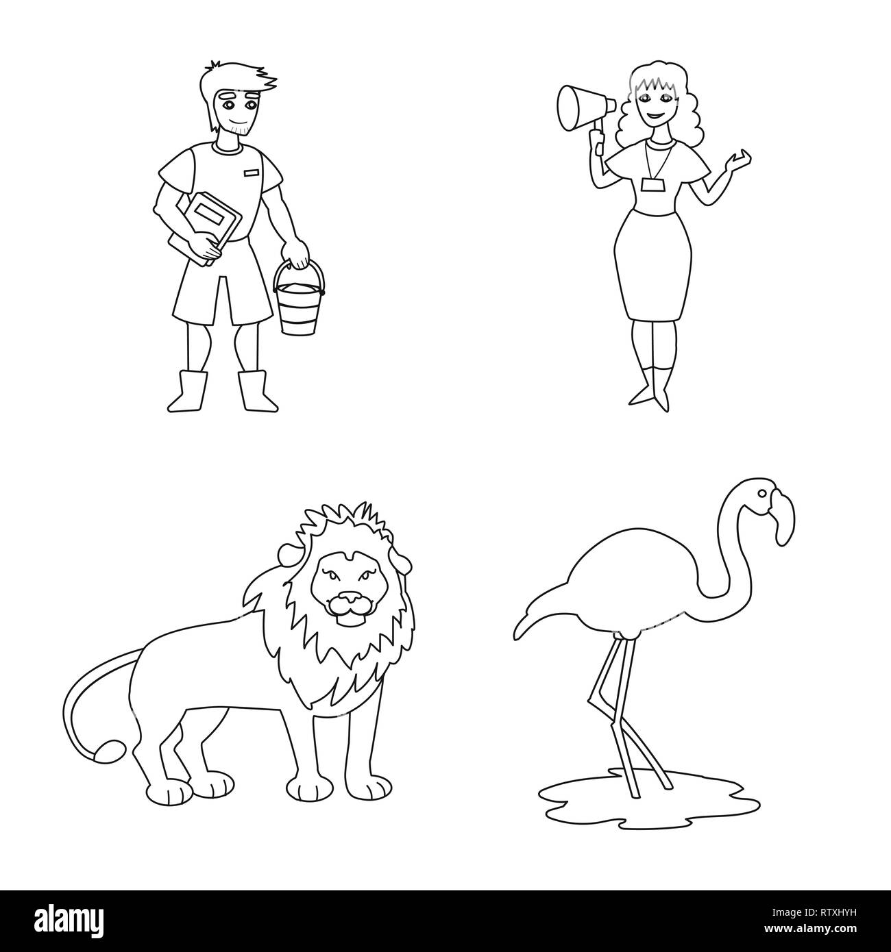 Zookeeper,lion,femme,homme,flamingo,mignon,rose,jungle,gardien,funny,message,benne,mane,ustensile,oiseaux,tête,France,vêtements,fierté,exotiques,nettoyage,mégaphone,mascotte,Heron,ordinateur portable,Afrique,guide,eau,animation,forêt,parc,zoo safari,animal,nature,faune,flore,fun,set,icône,,illustration,collection,isolé,design,graphisme,élément signe,ligne,plan,vecteurs vecteur , Illustration de Vecteur