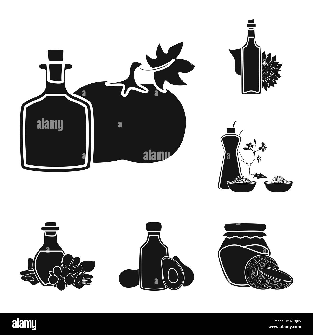 Pumpkin,tournesol,coton,moutarde,noix de coco,avocat,graines,alimentation,le colza,ball,lait,produits,orange,sun,esthétique,naturel,vitamine,m,alimentation,bio,médecine,vert,gras,fleurs,condiments,corps,ferme,botanique,huile,agriculture,bouteille,verre,cuisine,Culture,sain,nutrition,légumes organics,set,icône,,illustration,collection,isolé,design,graphisme,élément,signer,Black,de simples vecteurs vecteur , Illustration de Vecteur